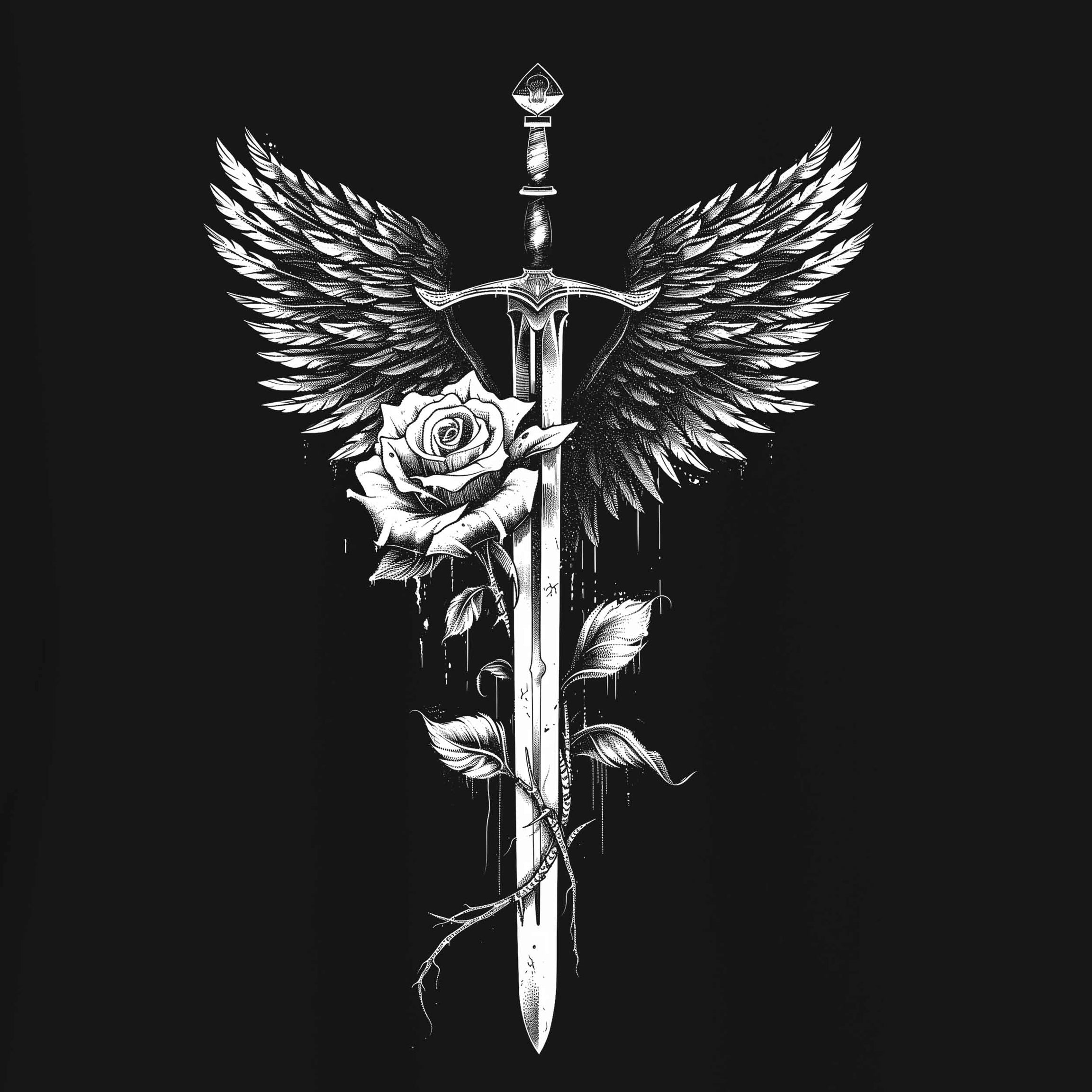 Black Round Neck Half Sleeve Sword With White Rose Front Oversized T-Shirt