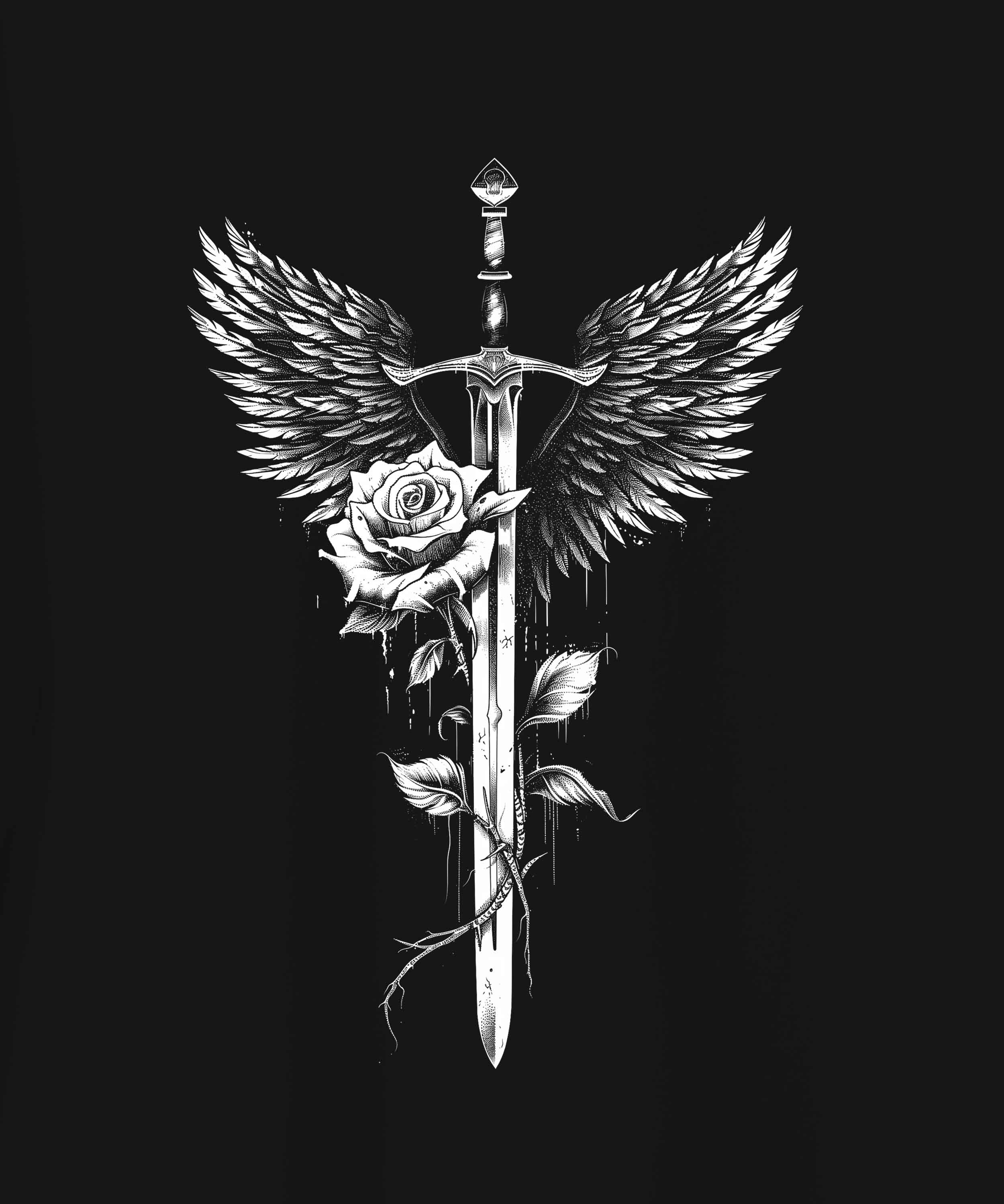 Black Round Neck Half Sleeve Sword With White Rose Front Oversized T-Shirt