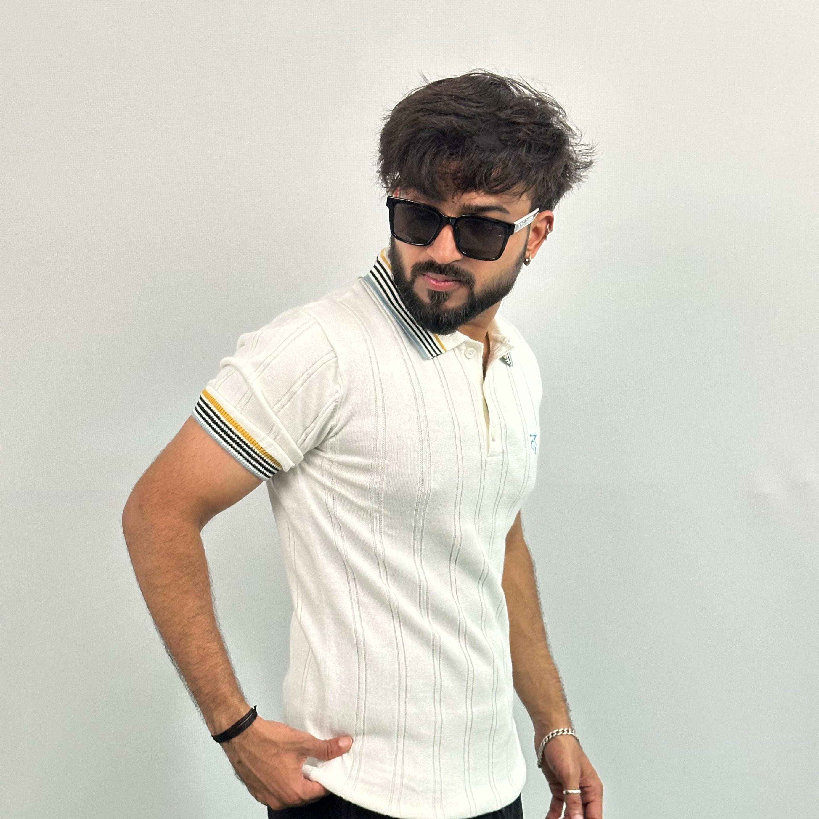 Off White Royal Stripe Old Money Embroidered Logo Polo T-Shirt