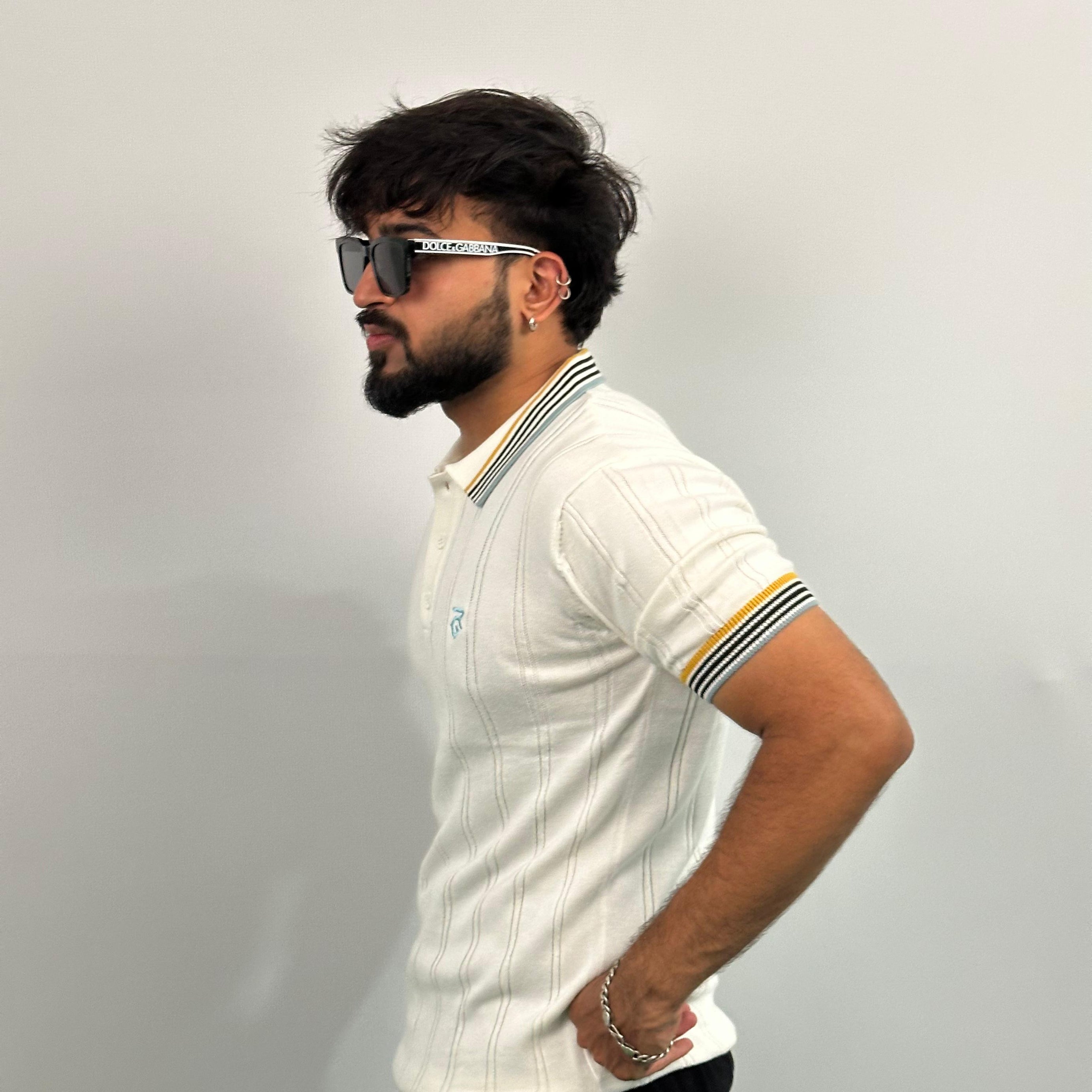 Off White Royal Stripe Old Money Embroidered Logo Polo T-Shirt