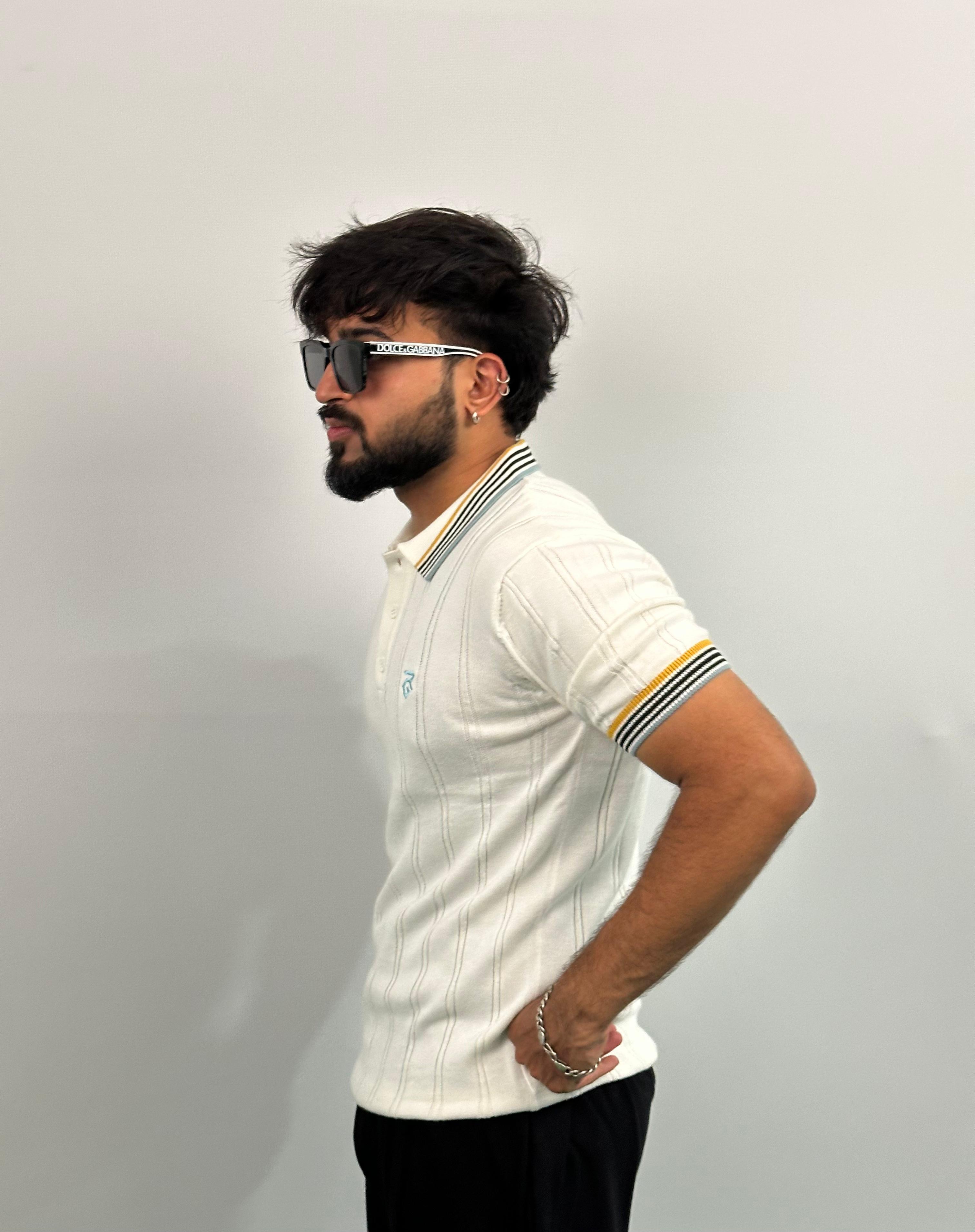 Off White Royal Stripe Old Money Embroidered Logo Polo T-Shirt