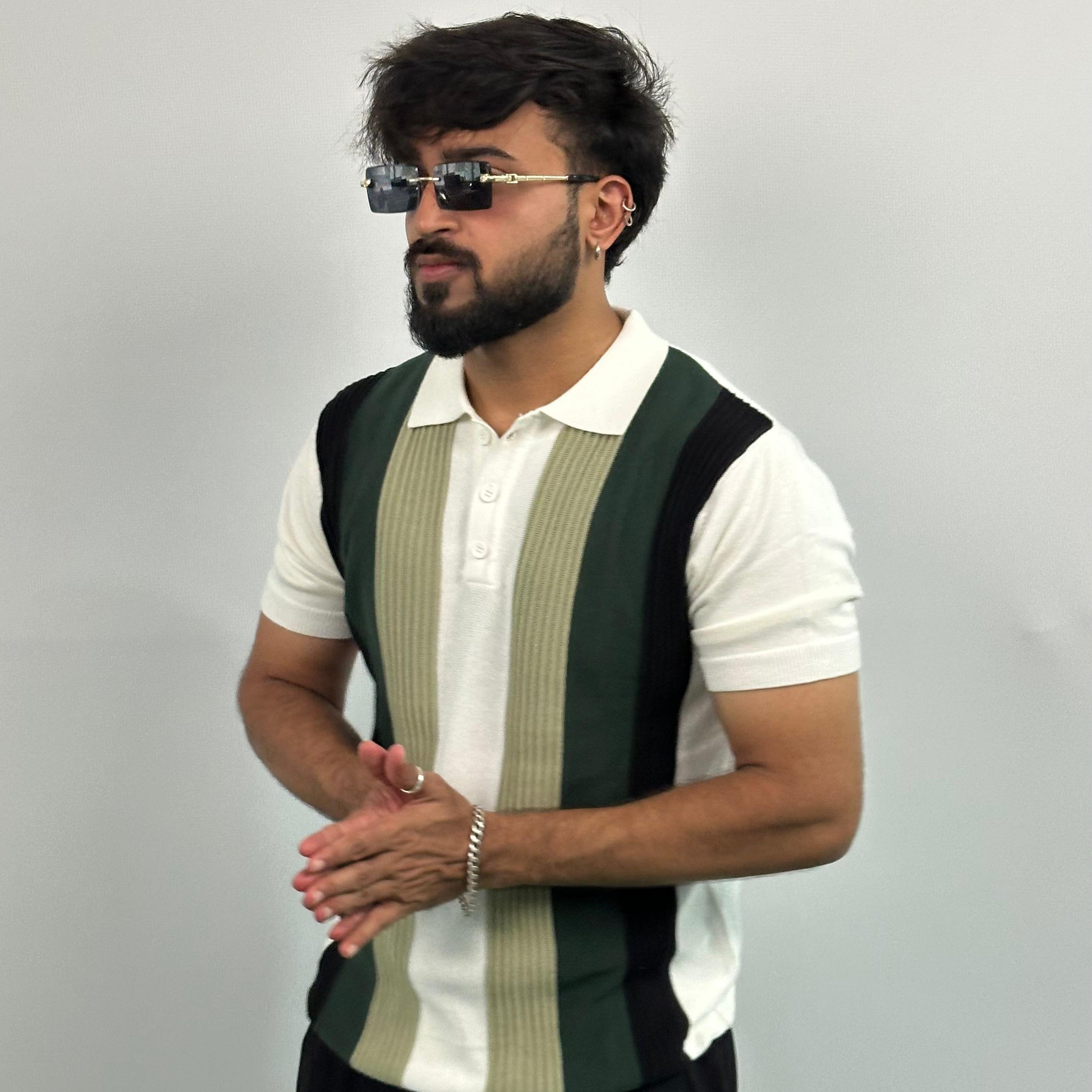 Black And Green Stripe White Knitted Polo T-Shirt