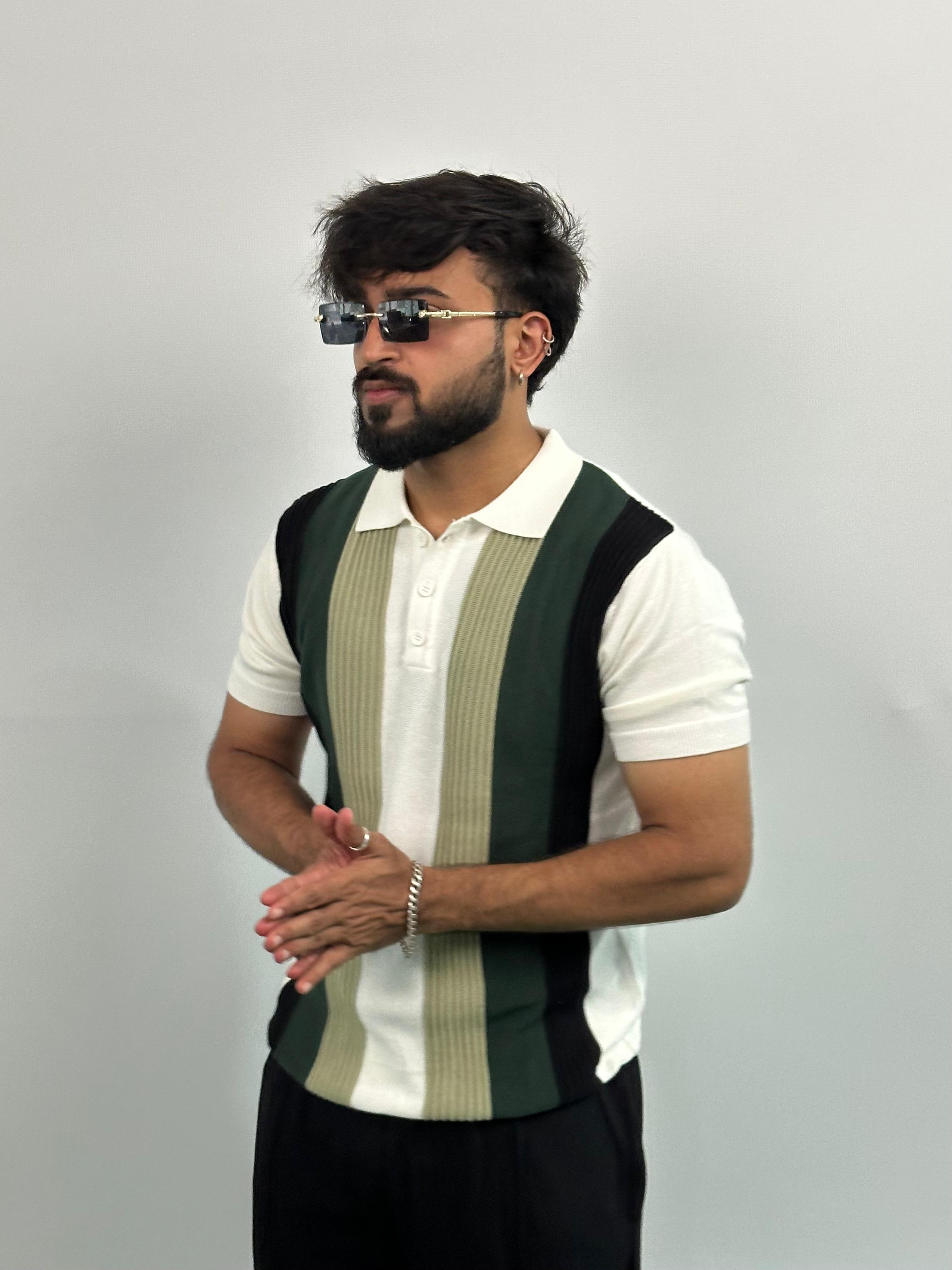 Black And Green Stripe White Knitted Polo T-Shirt