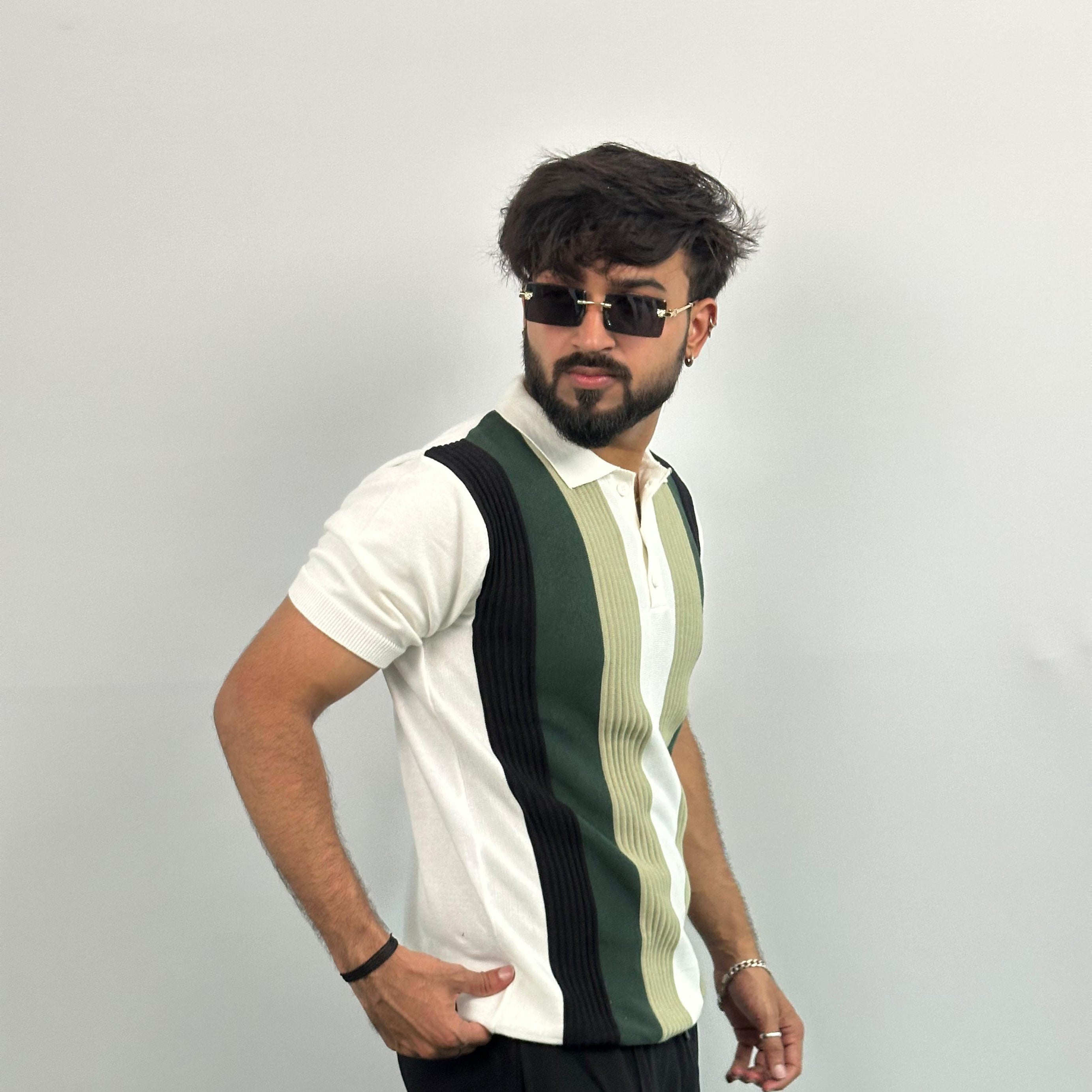 Black And Green Stripe White Knitted Polo T-Shirt