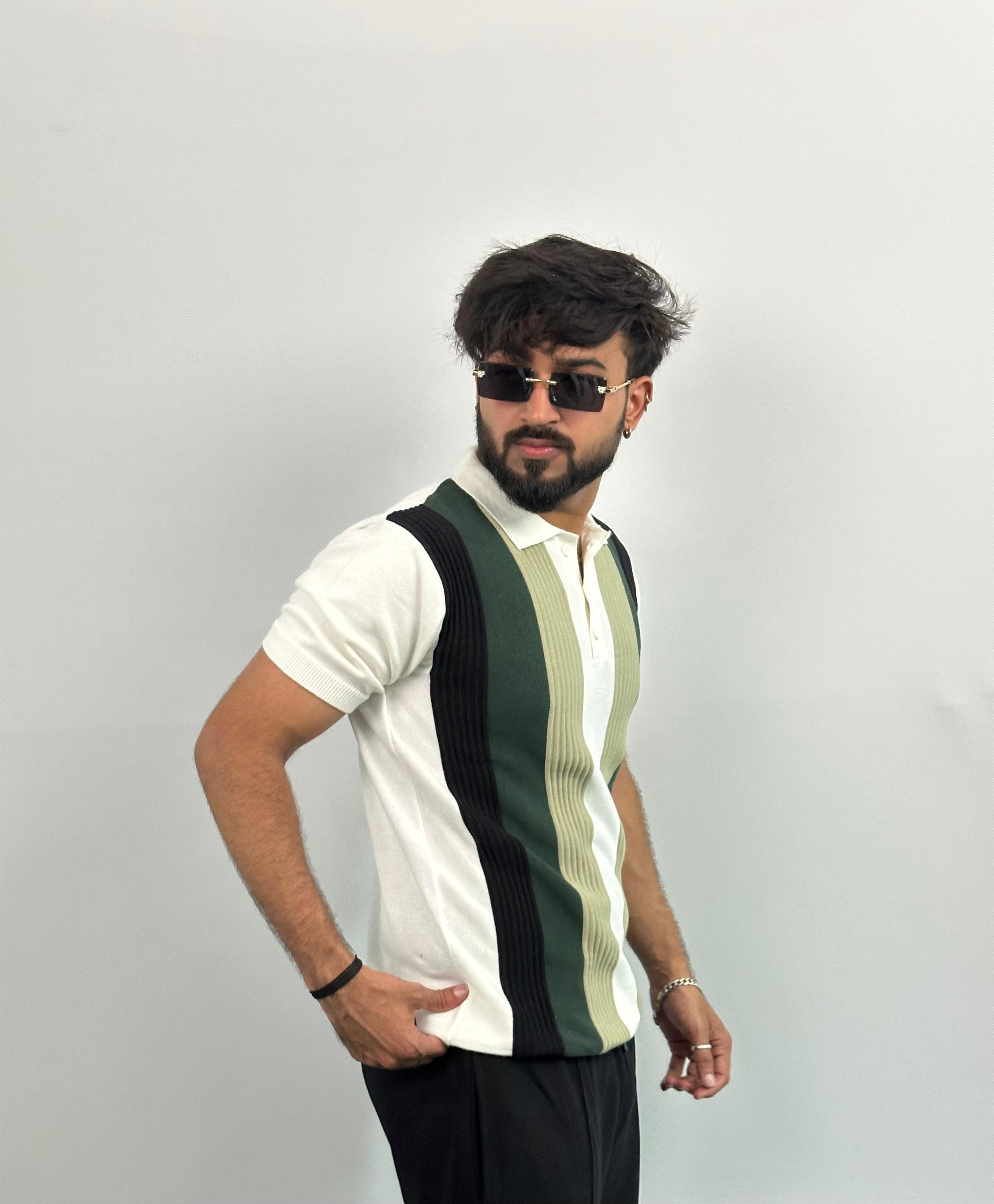 Black And Green Stripe White Knitted Polo T-Shirt