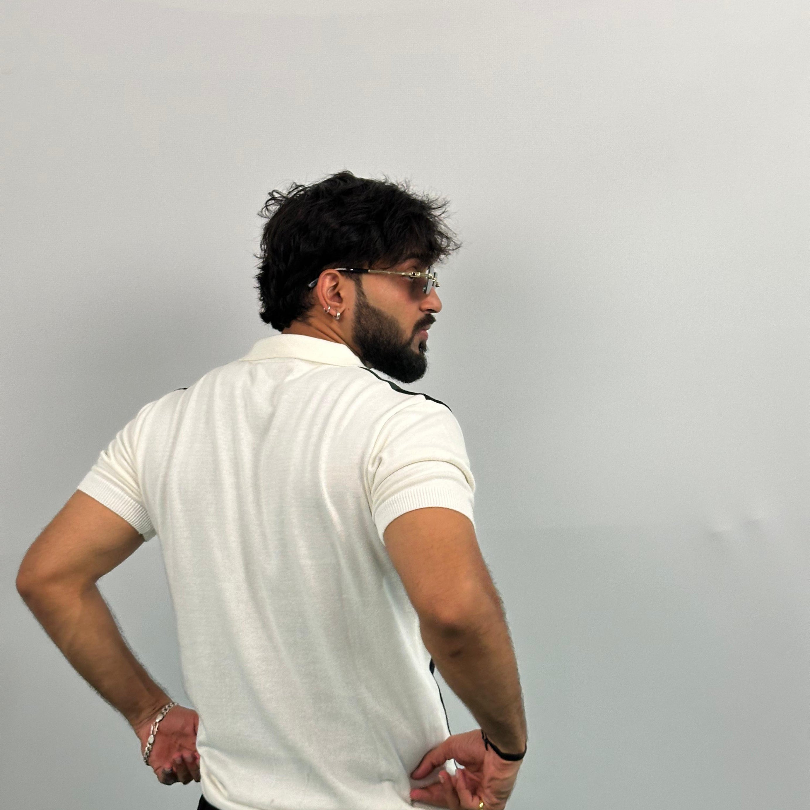 Black And Green Stripe White Knitted Polo T-Shirt