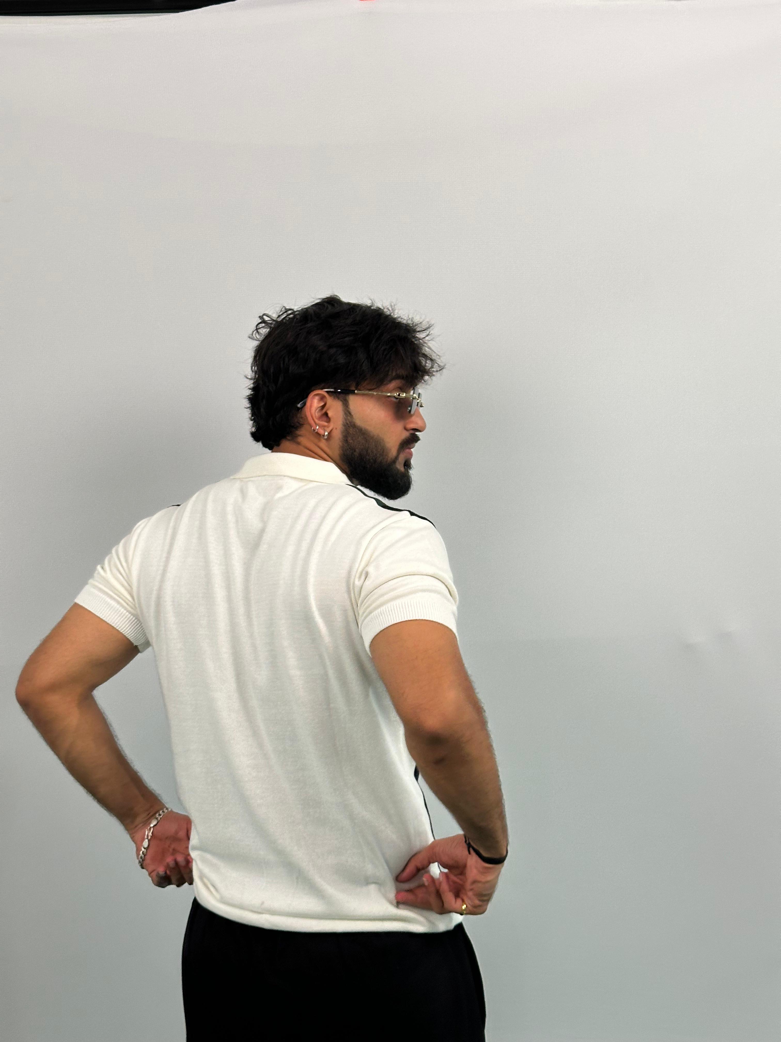 Black And Green Stripe White Knitted Polo T-Shirt