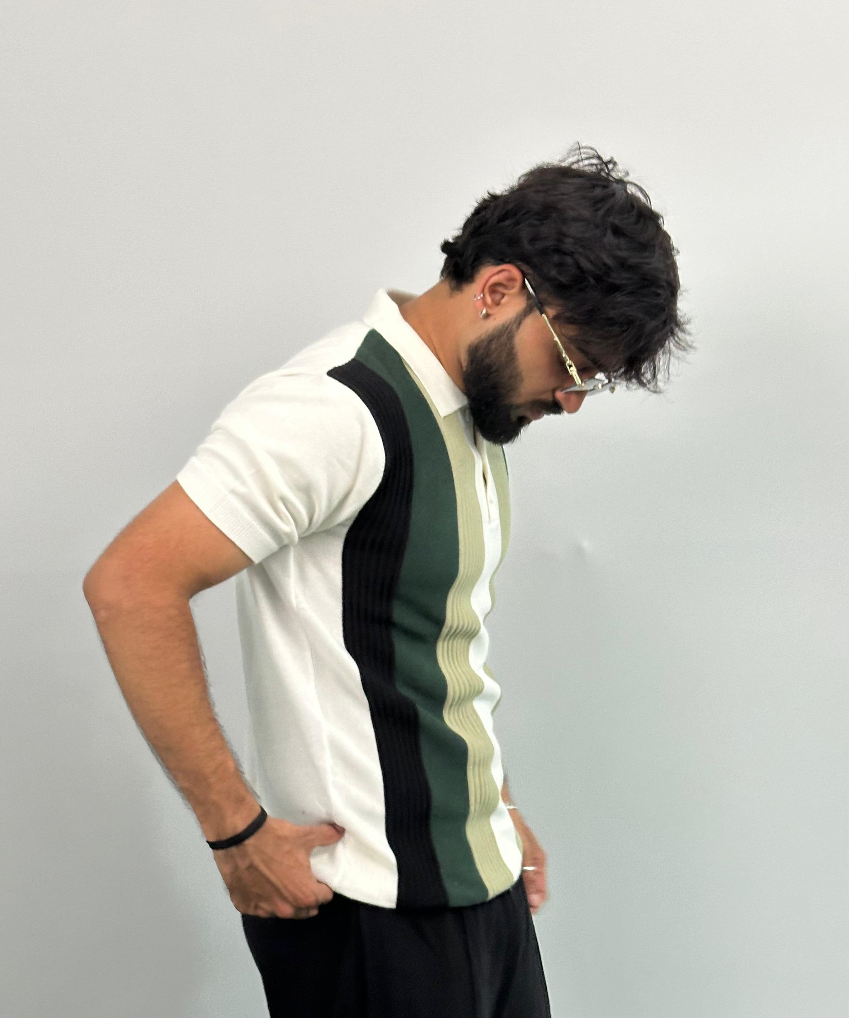 Black And Green Stripe White Knitted Polo T-Shirt