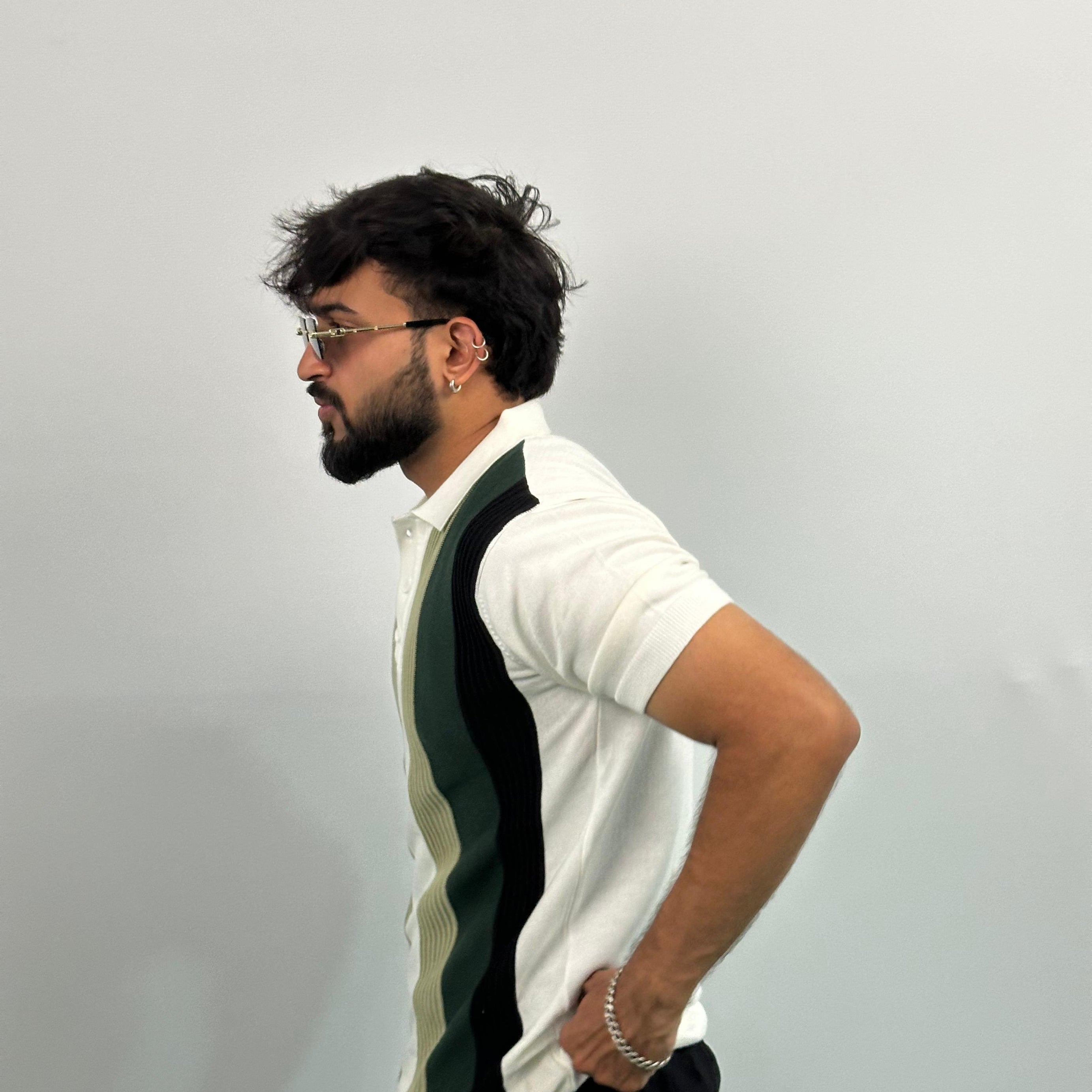 Black And Green Stripe White Knitted Polo T-Shirt