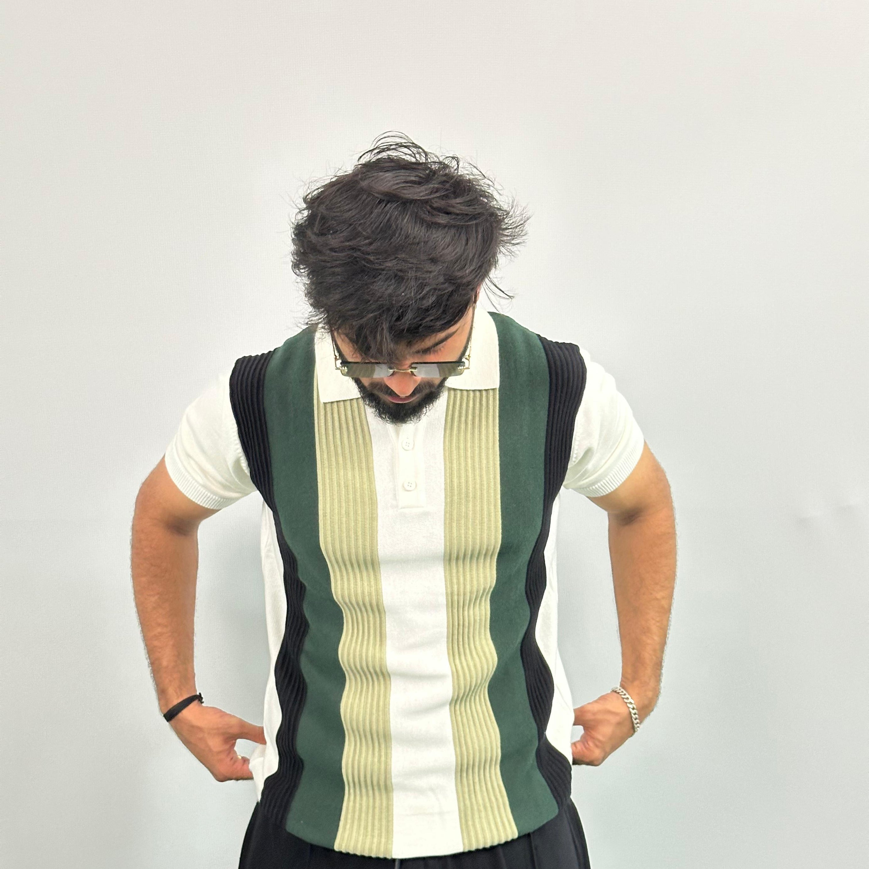 Black And Green Stripe White Knitted Polo T-Shirt