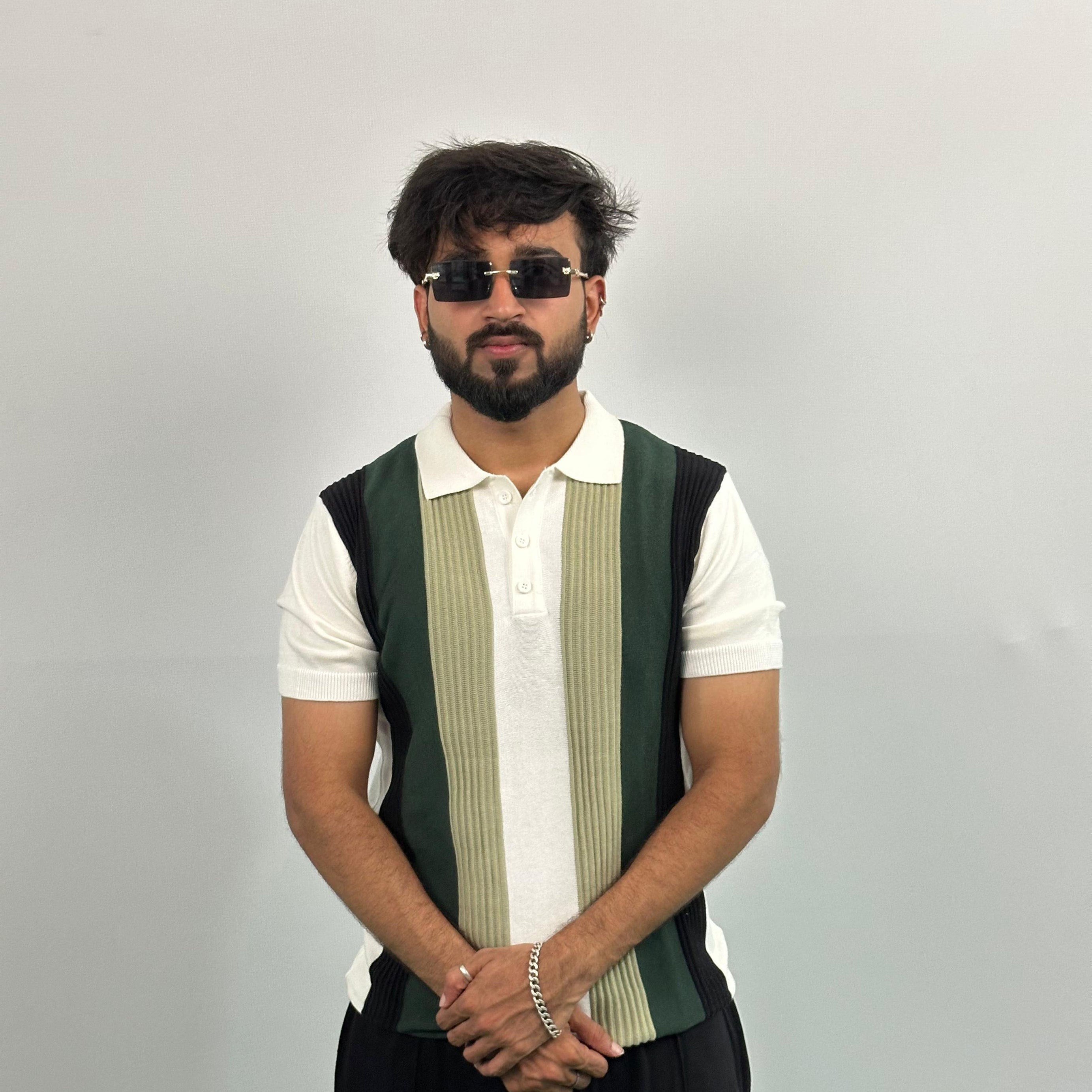 Black And Green Stripe White Knitted Polo T-Shirt