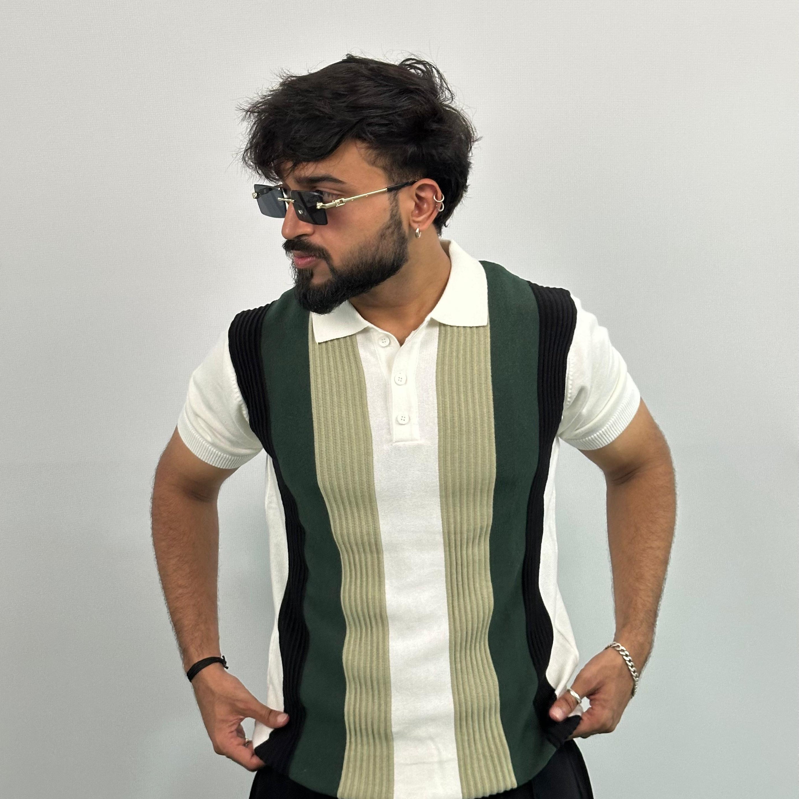 Black And Green Stripe White Knitted Polo T-Shirt
