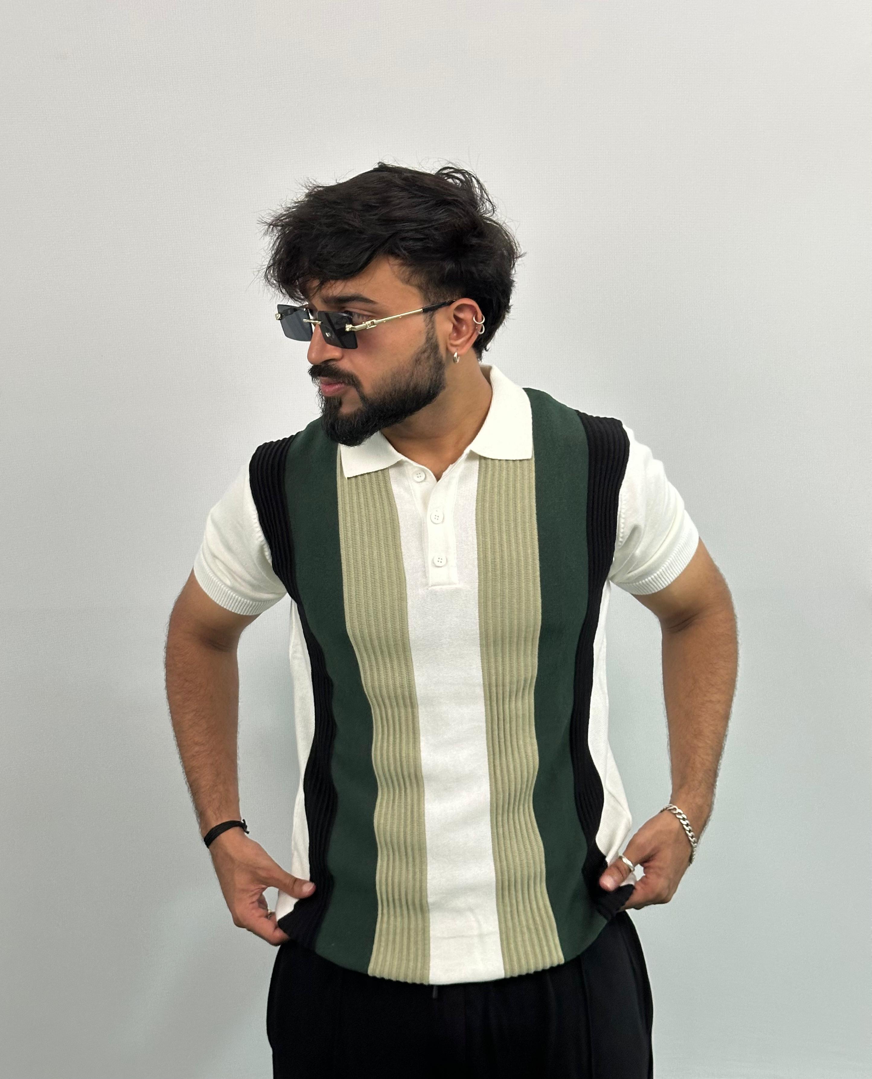 Black And Green Stripe White Knitted Polo T-Shirt