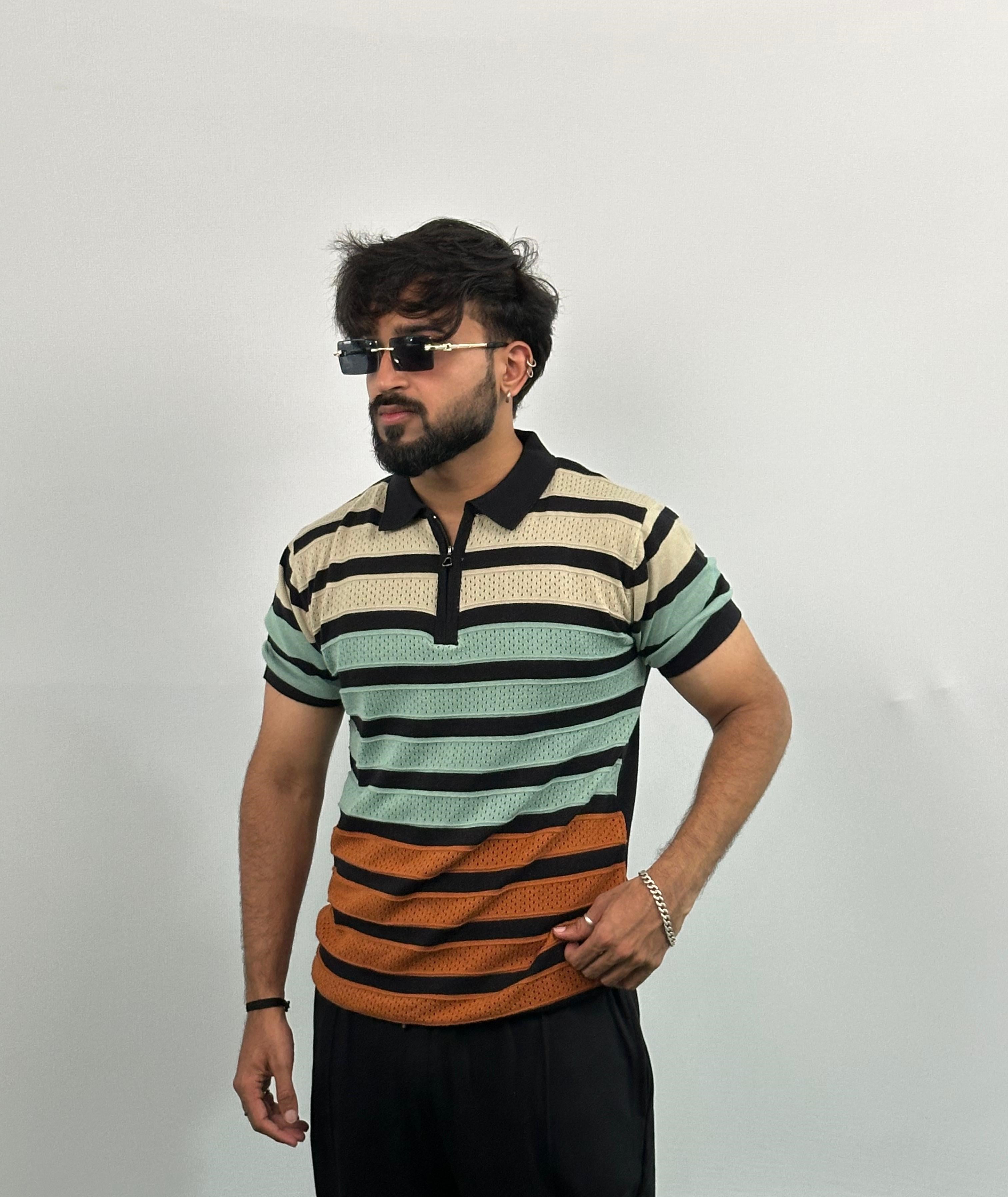 Black And Beige Stripe Knitted Polo T-Shirt