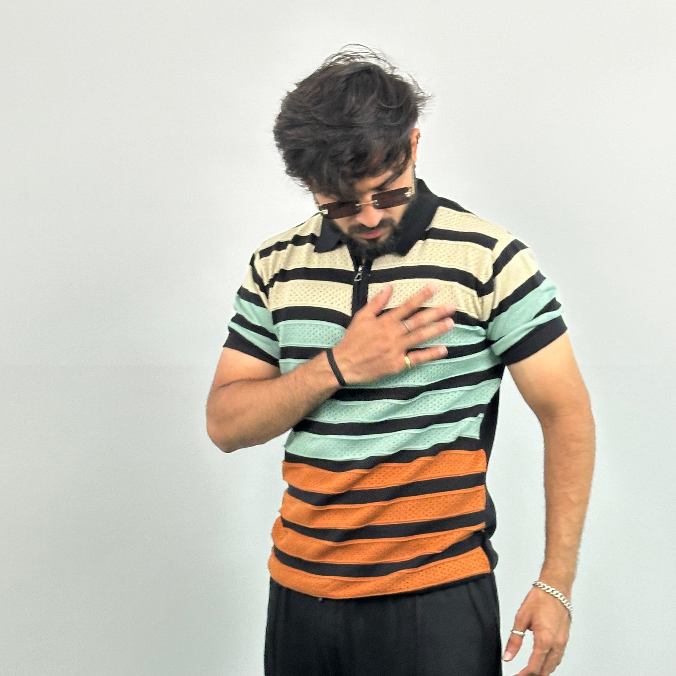Black And Beige Stripe Knitted Polo T-Shirt