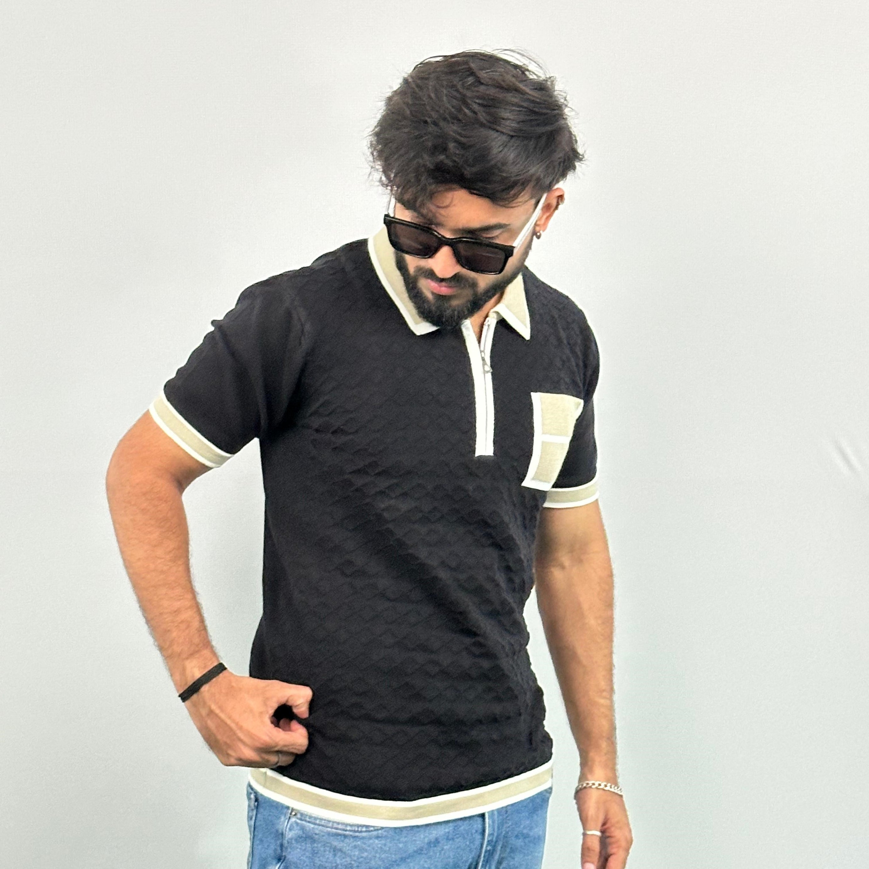 Black And Beige Knitted Polo T-Shirt