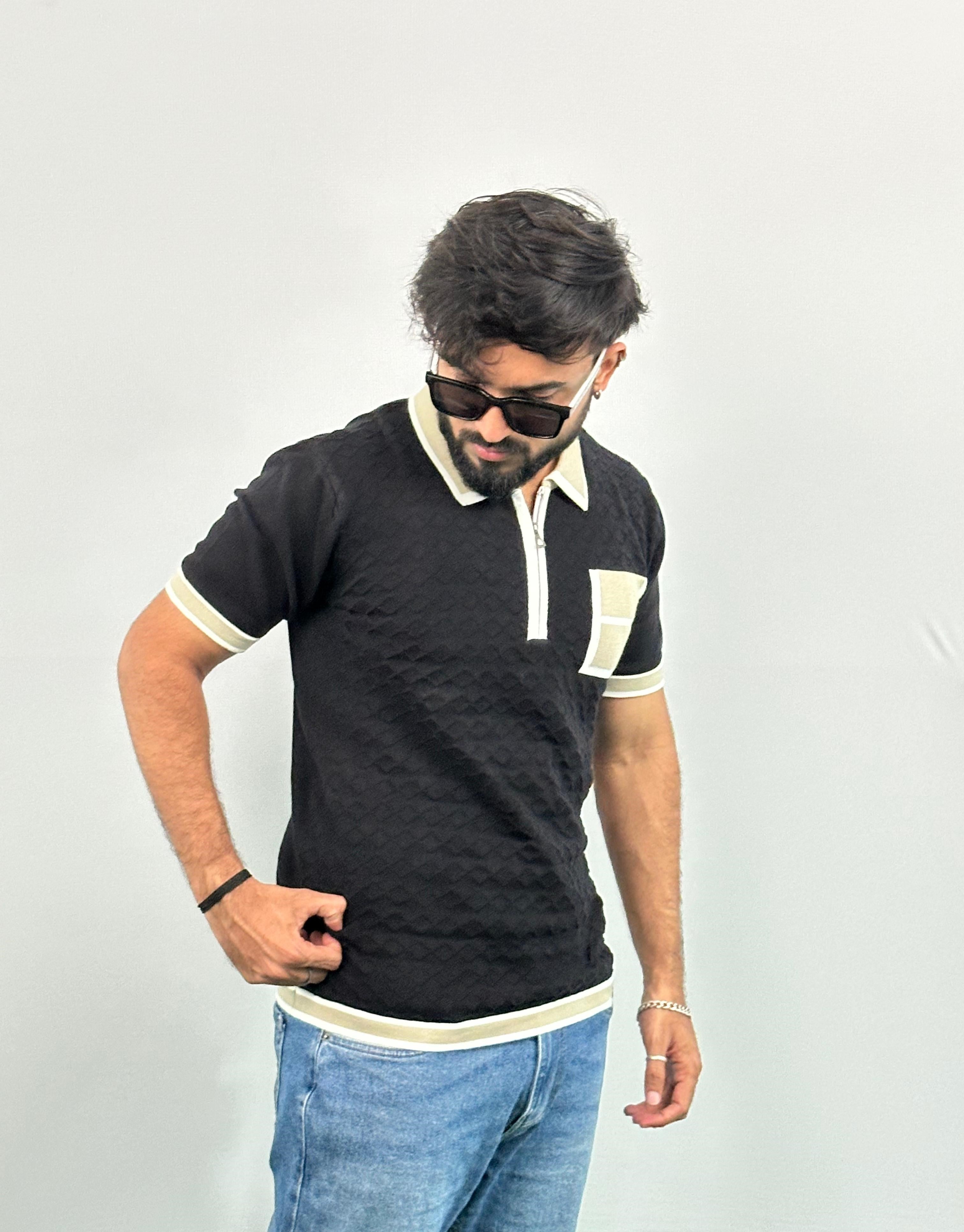Black And Beige Knitted Polo T-Shirt