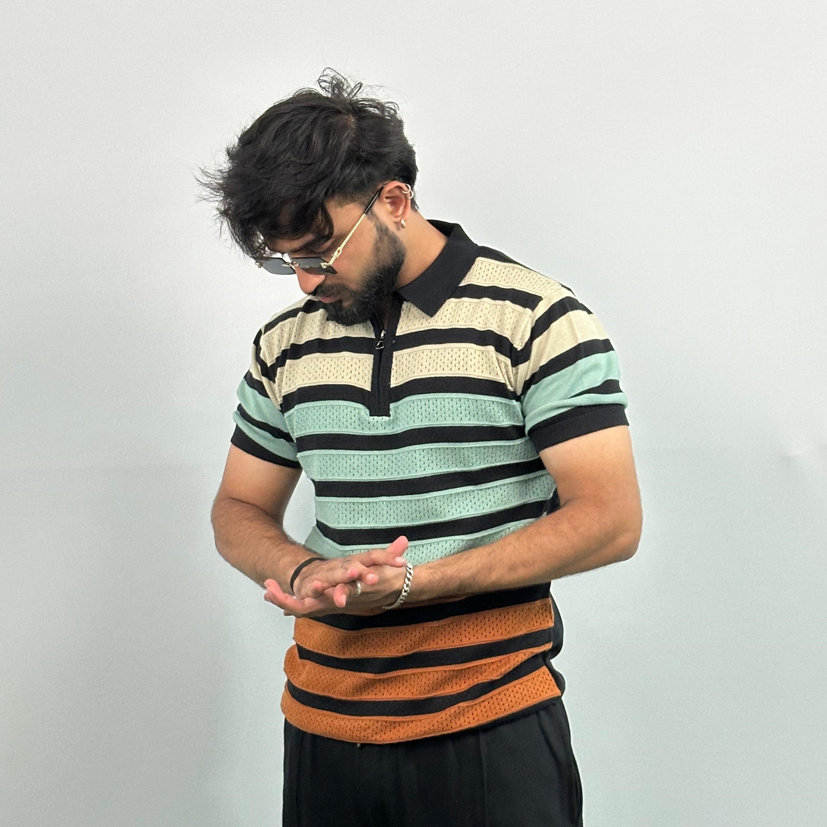 Black And Beige Stripe Knitted Polo T-Shirt