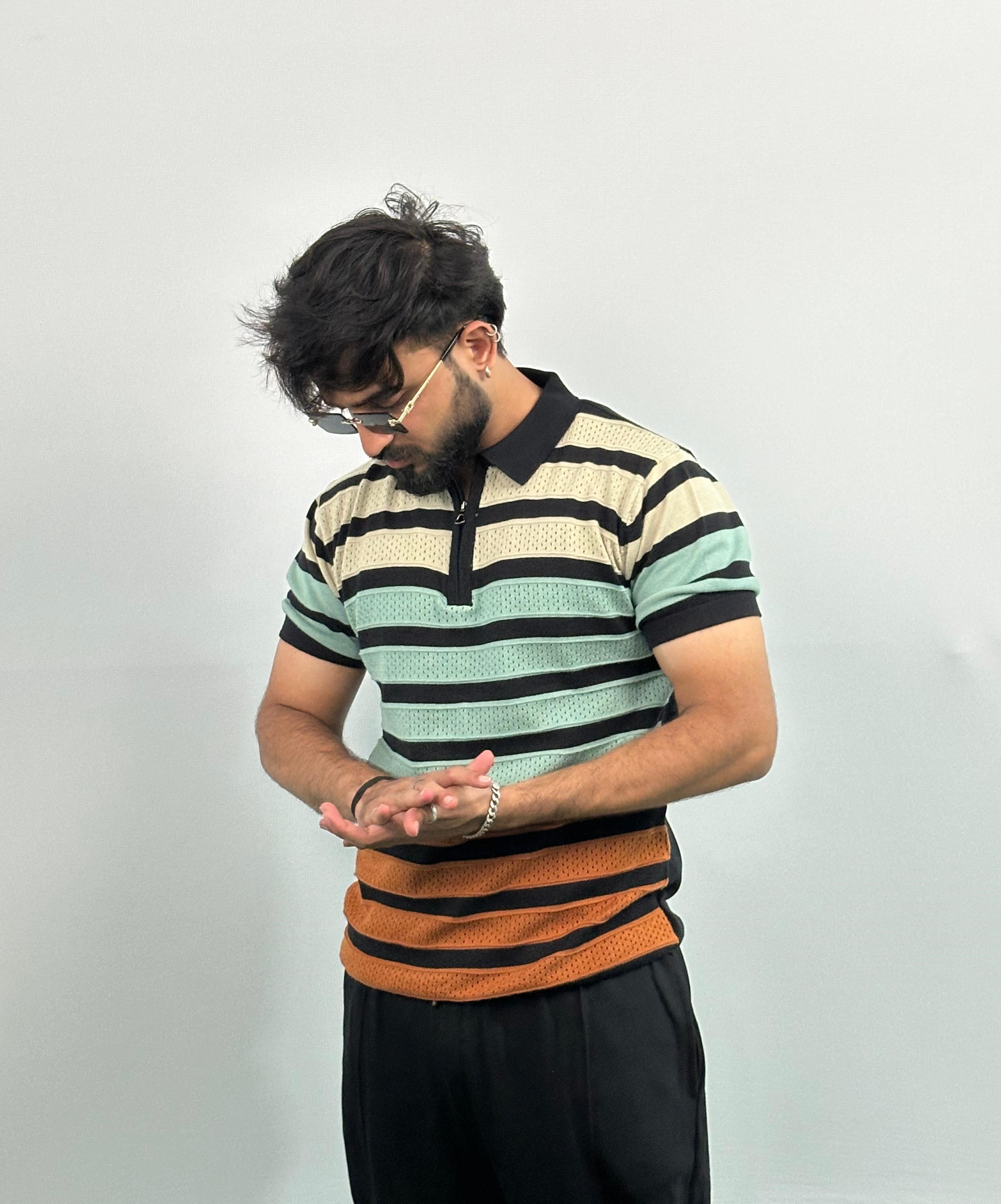 Black And Beige Stripe Knitted Polo T-Shirt