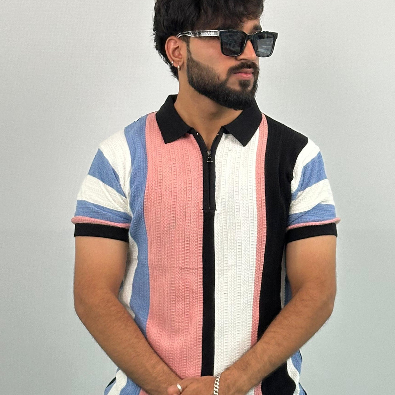 Black And White Stripe Knitted Polo T-Shirt