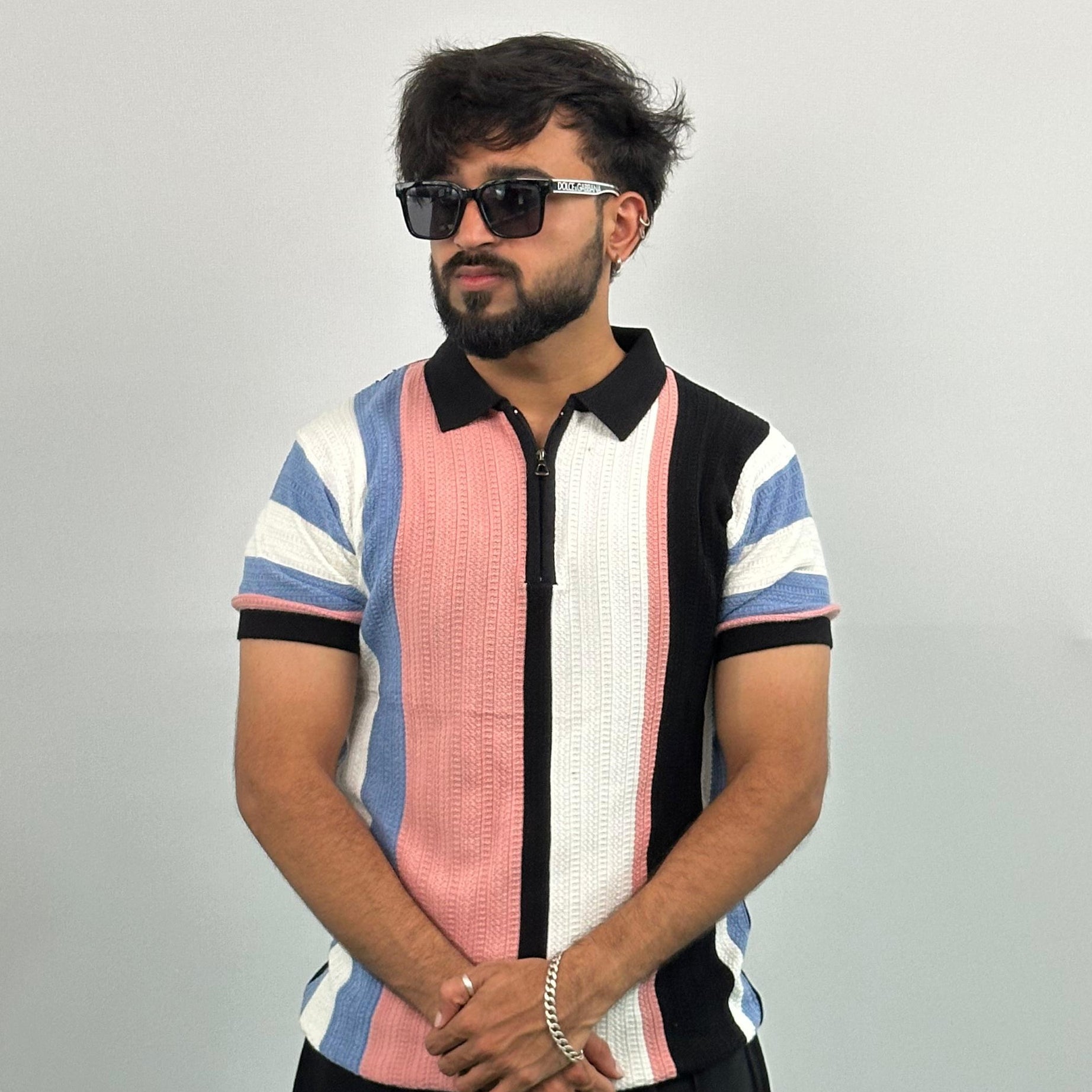 Black And White Stripe Knitted Polo T-Shirt