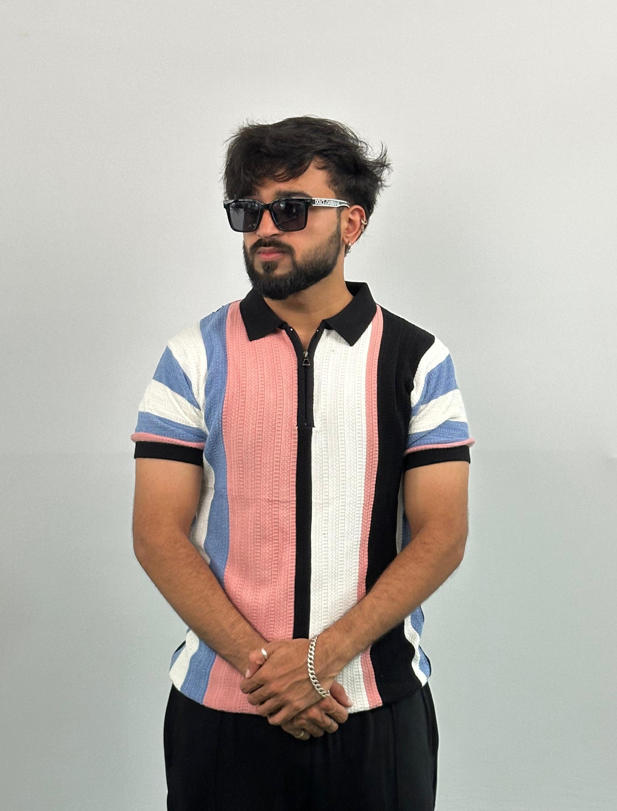 Black And White Stripe Knitted Polo T-Shirt