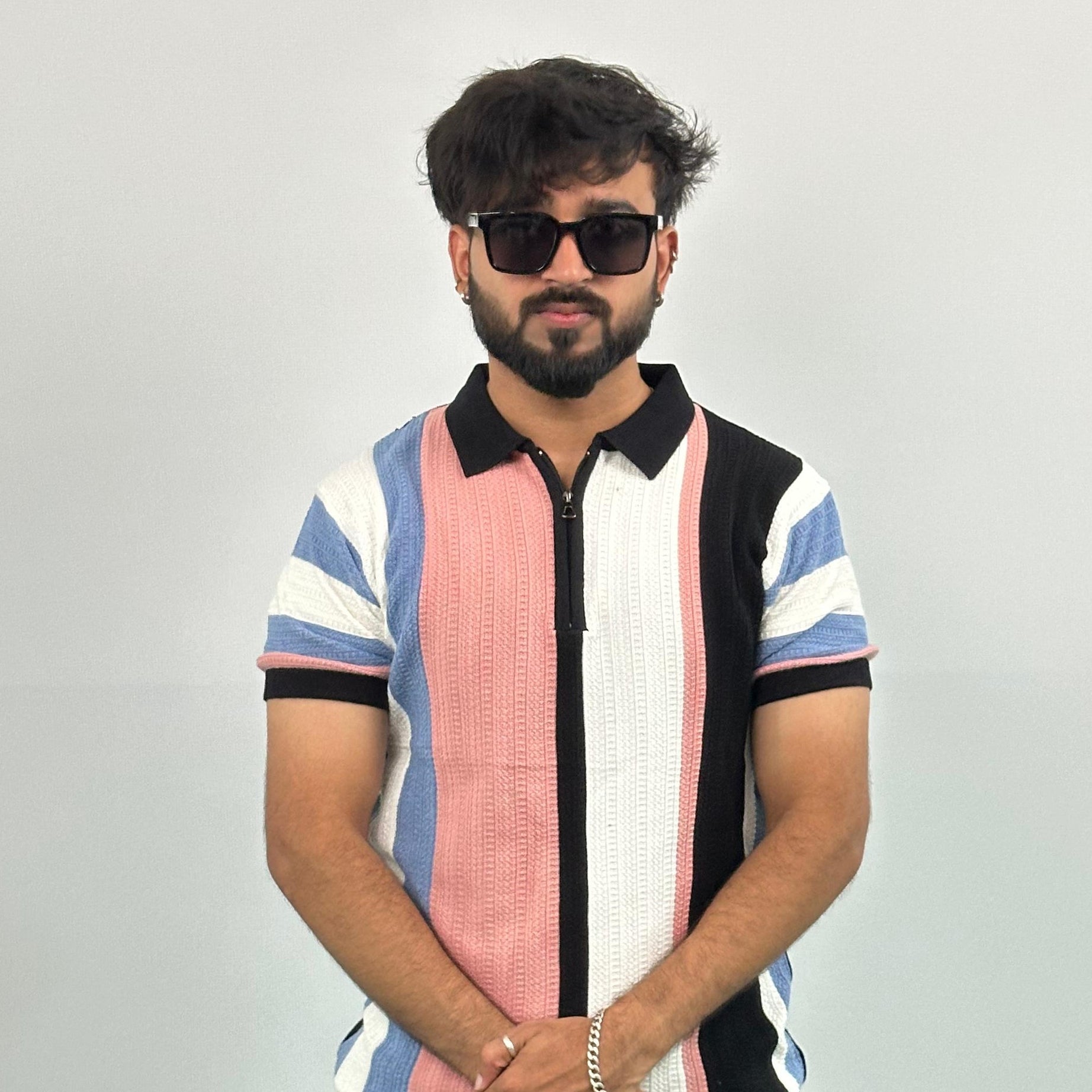 Black And White Stripe Knitted Polo T-Shirt