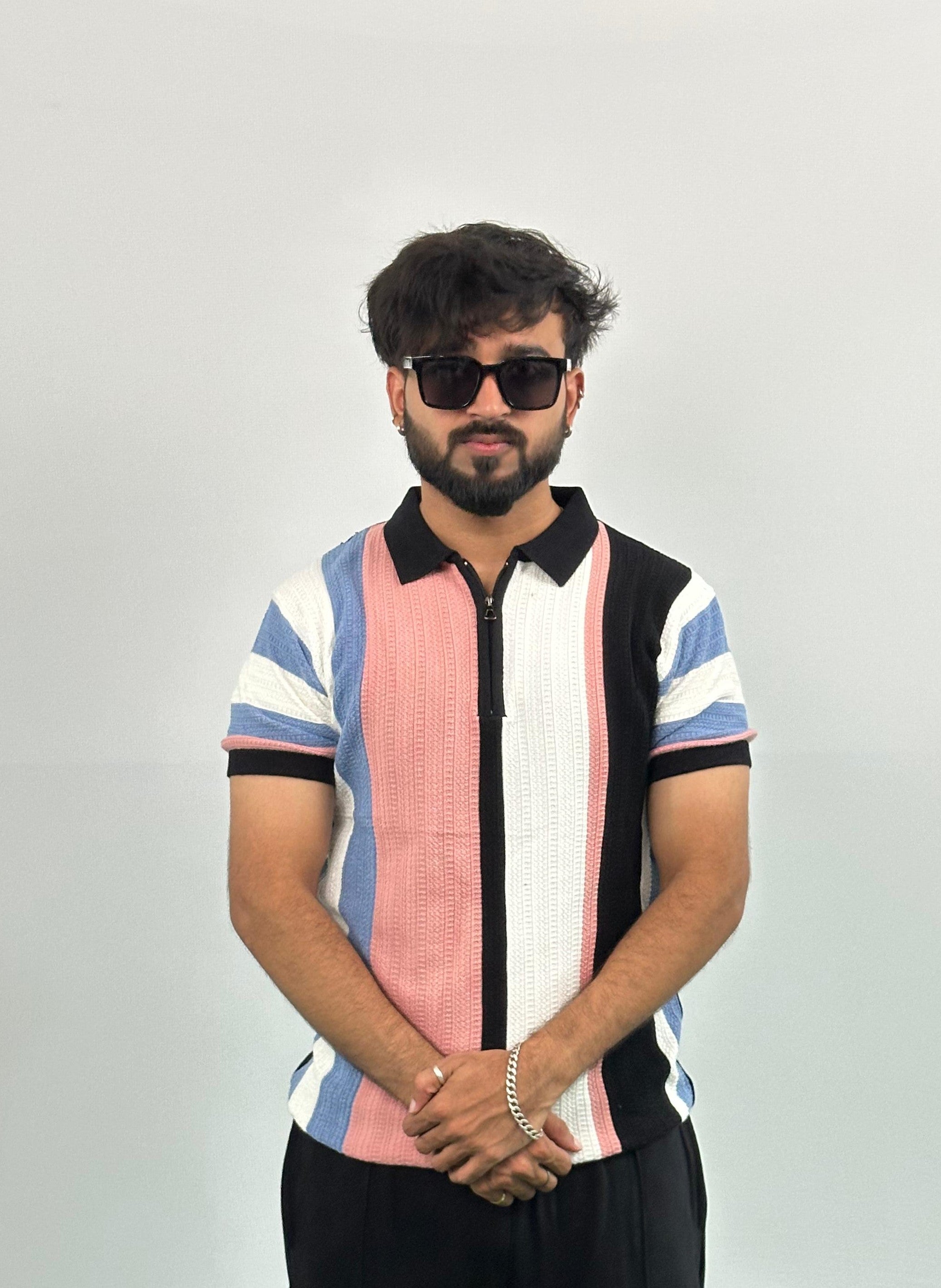 Black And White Stripe Knitted Polo T-Shirt