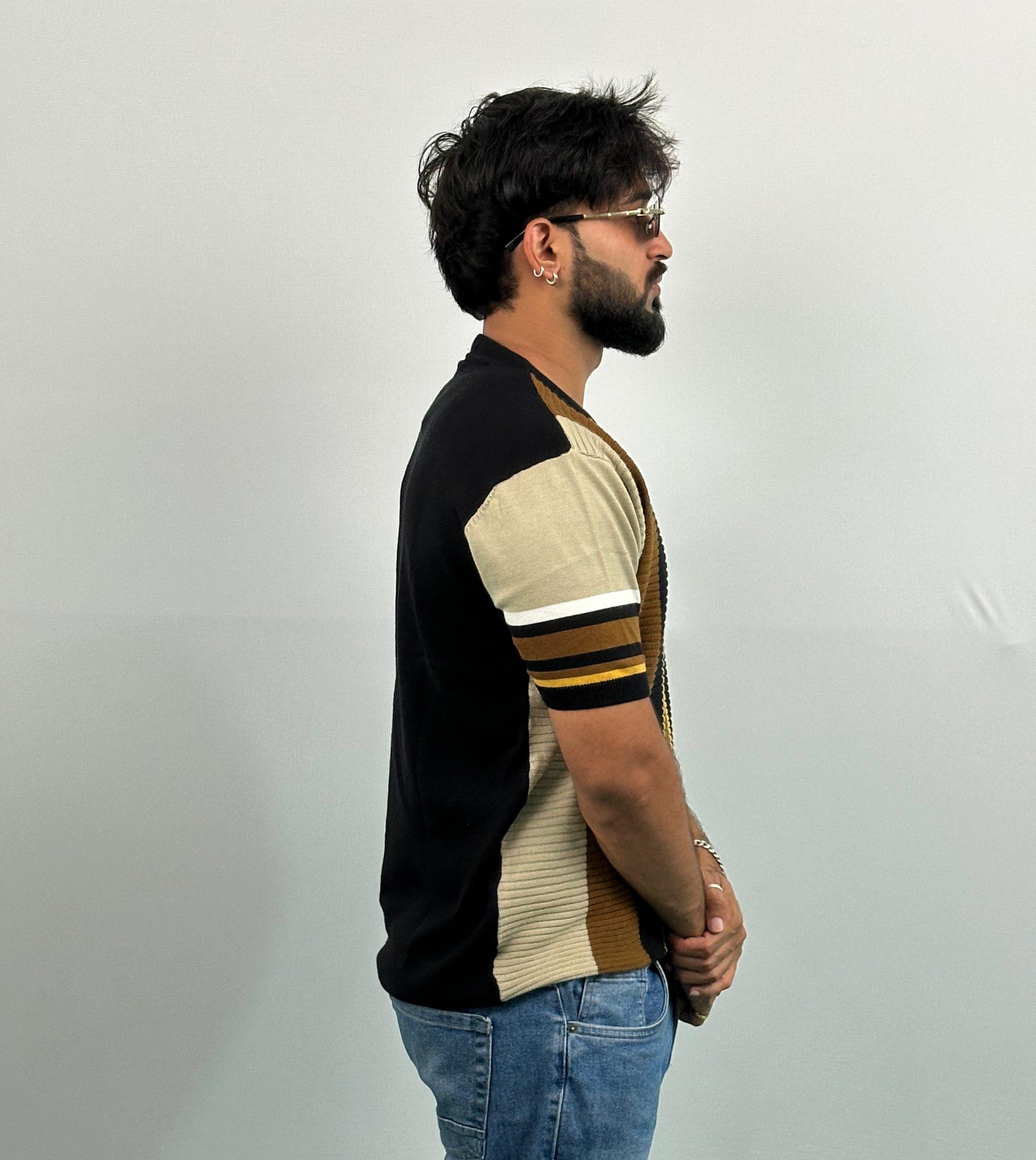 Black And Brown Stripe Knitted T-Shirt