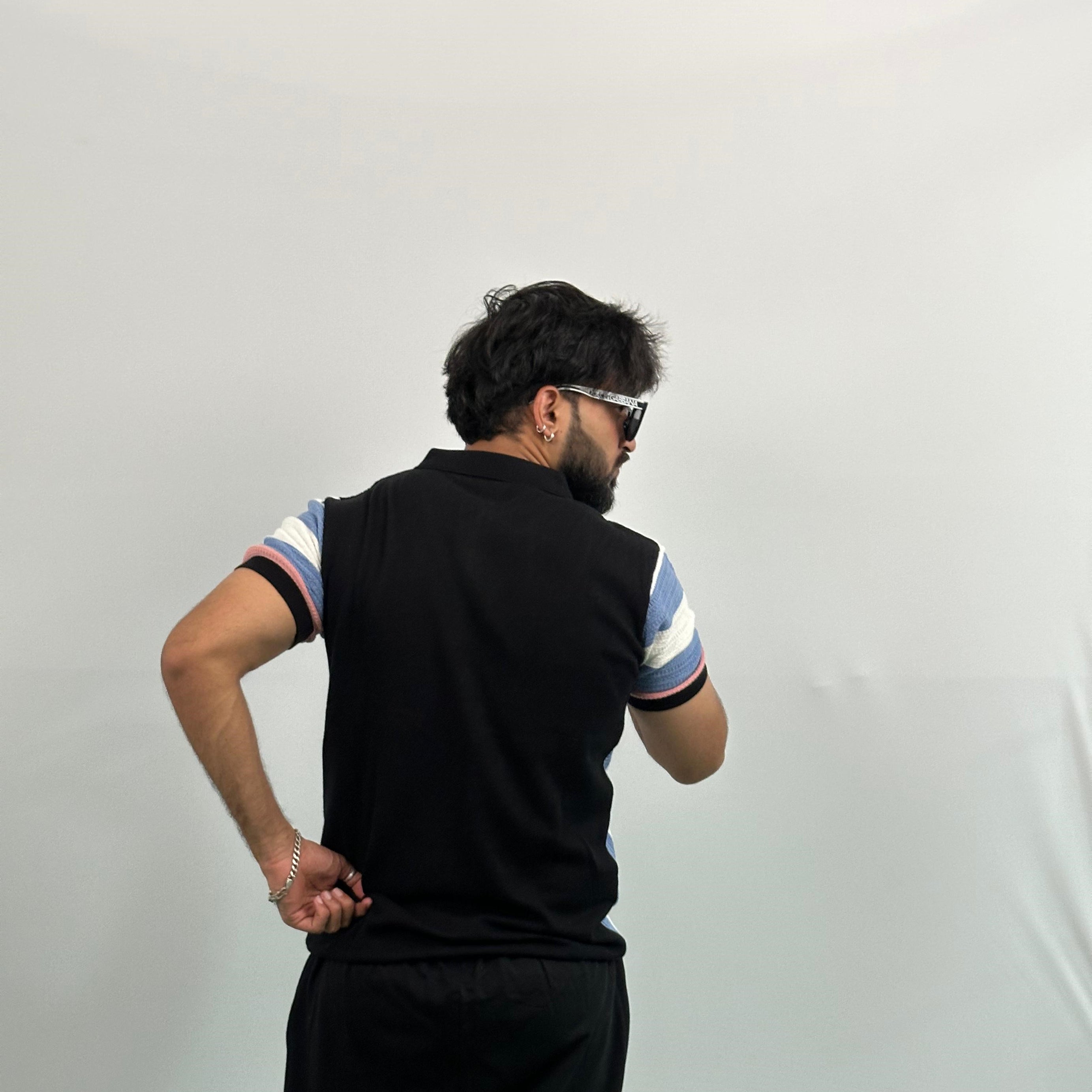 Black And White Stripe Knitted Polo T-Shirt