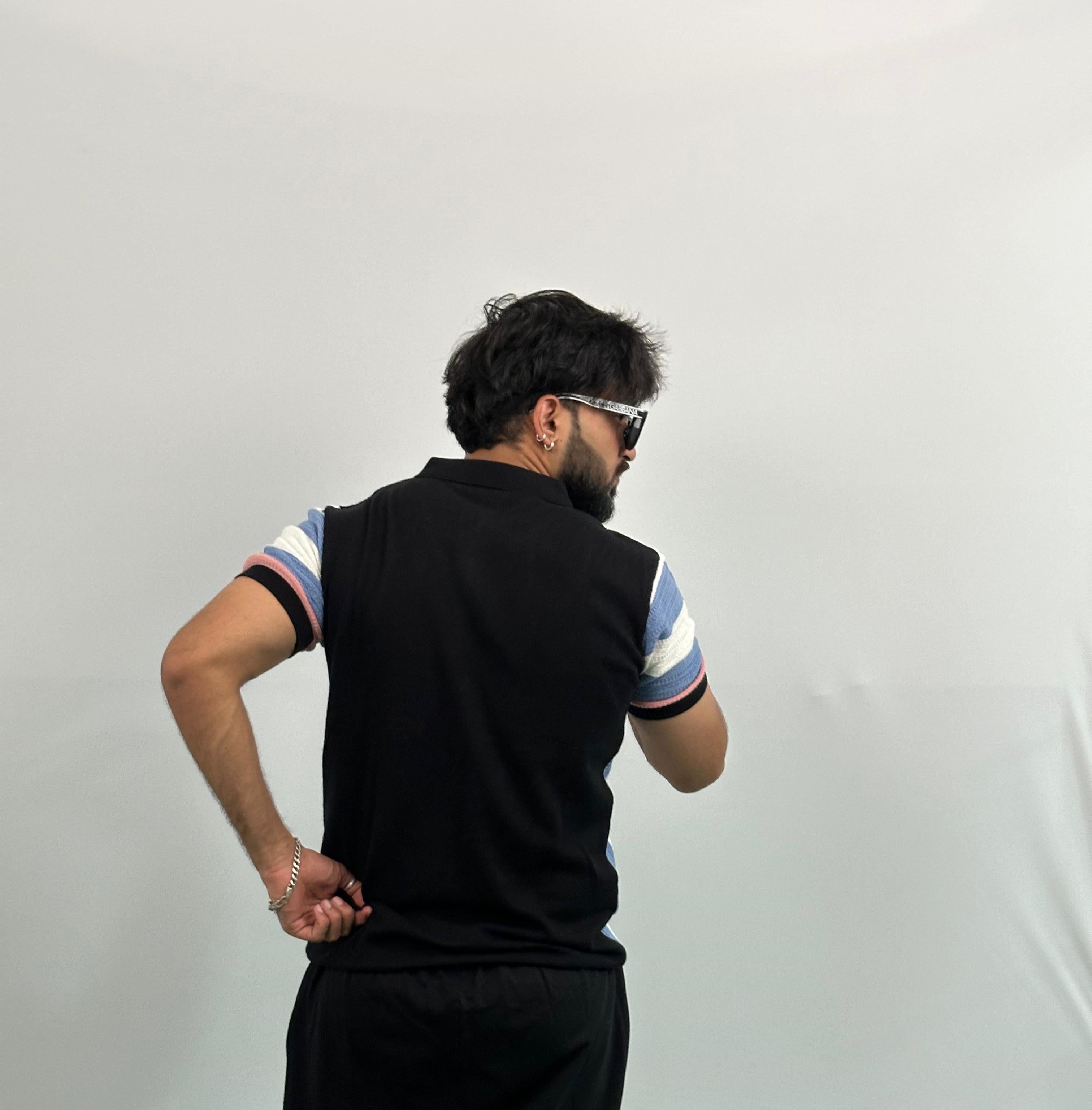 Black And White Stripe Knitted Polo T-Shirt