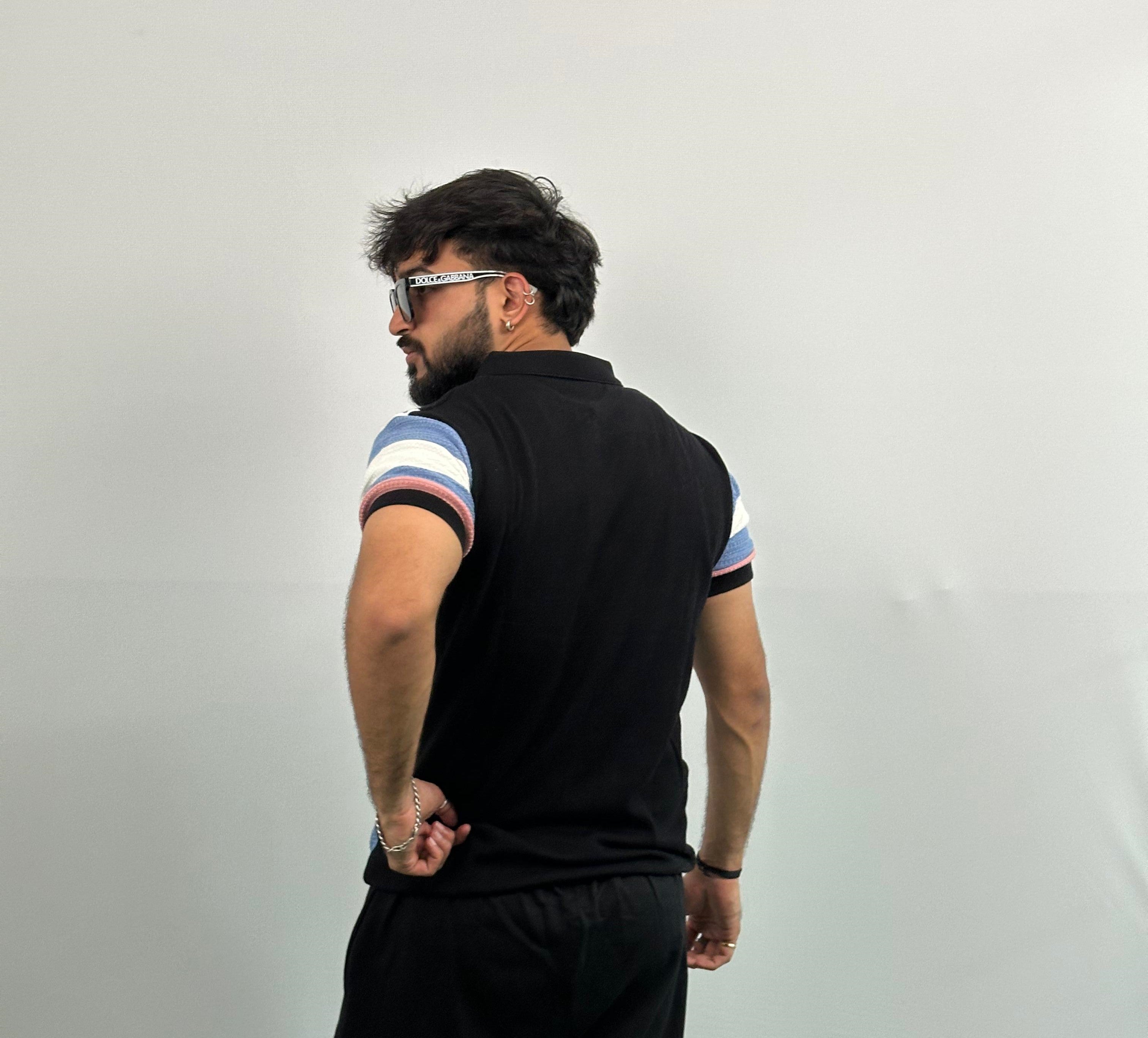 Black And White Stripe Knitted Polo T-Shirt