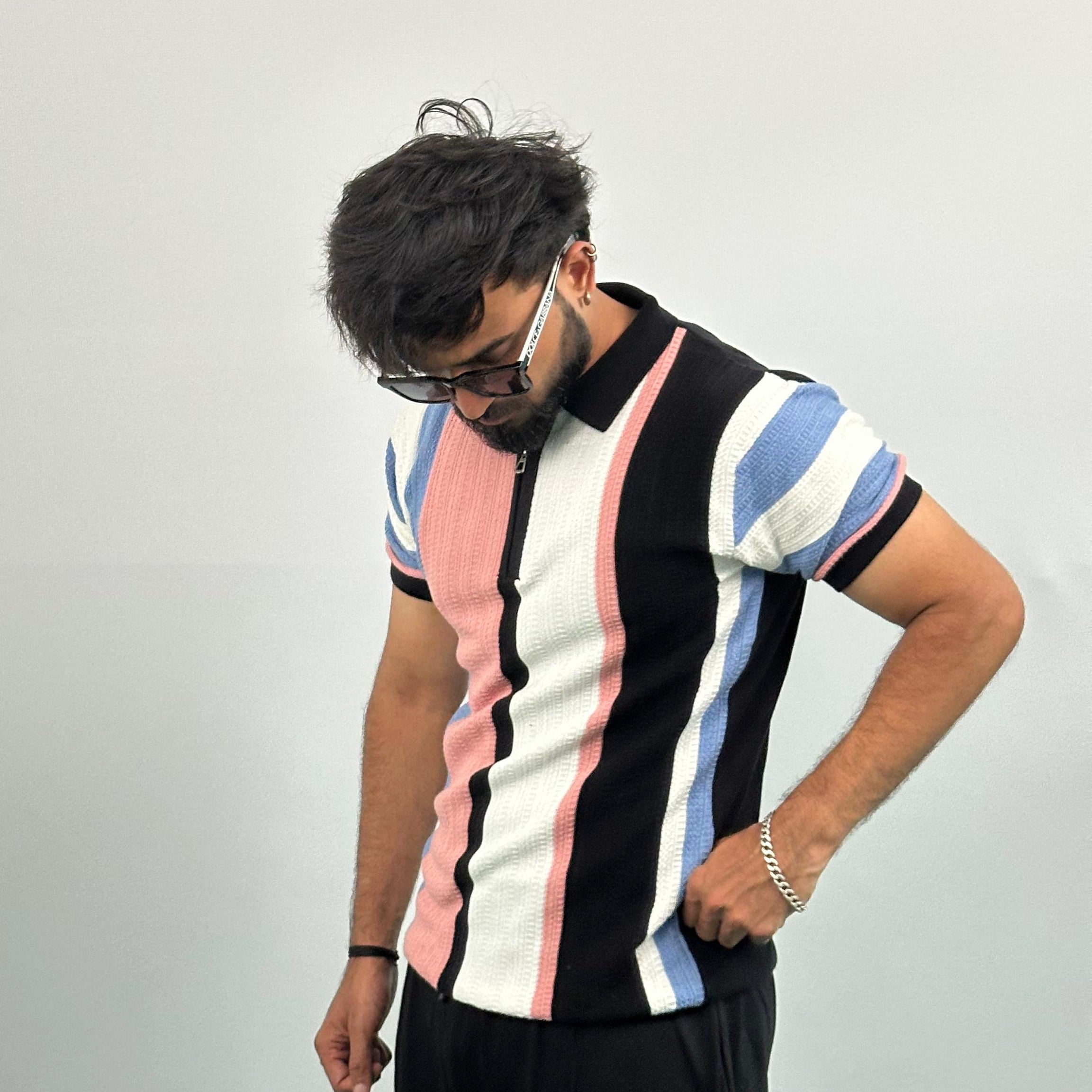 Black And White Stripe Knitted Polo T-Shirt