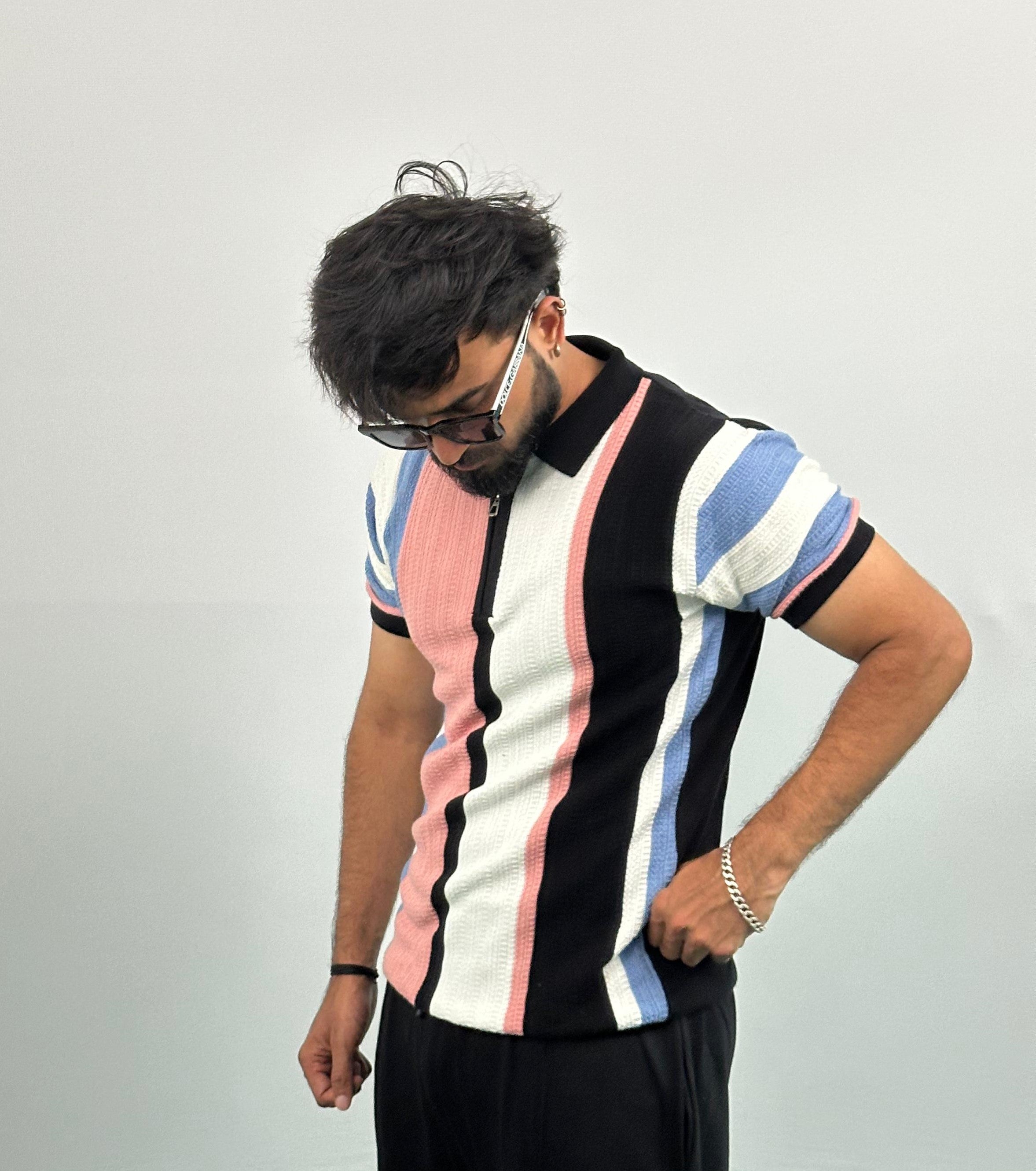 Black And White Stripe Knitted Polo T-Shirt