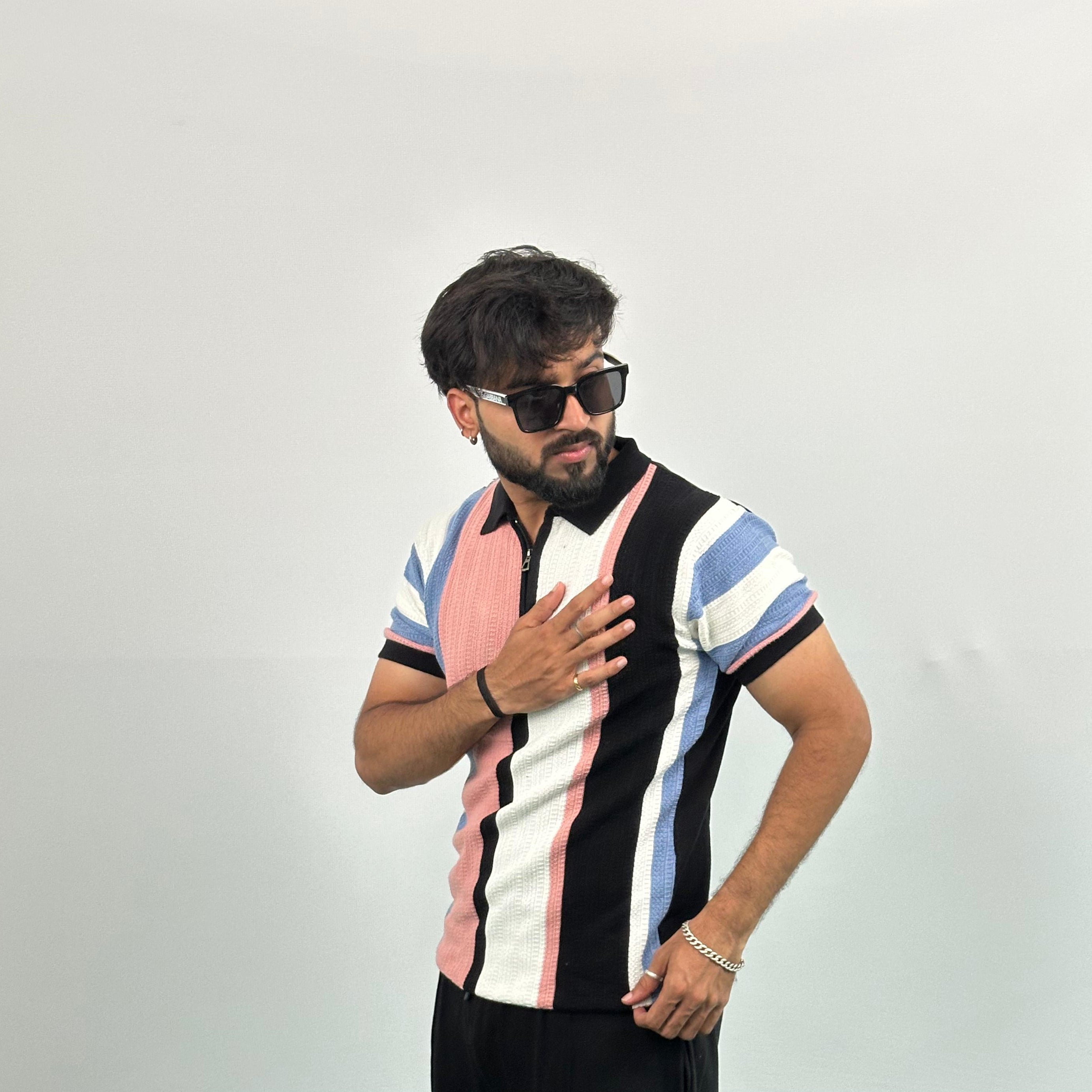 Black And White Stripe Knitted Polo T-Shirt