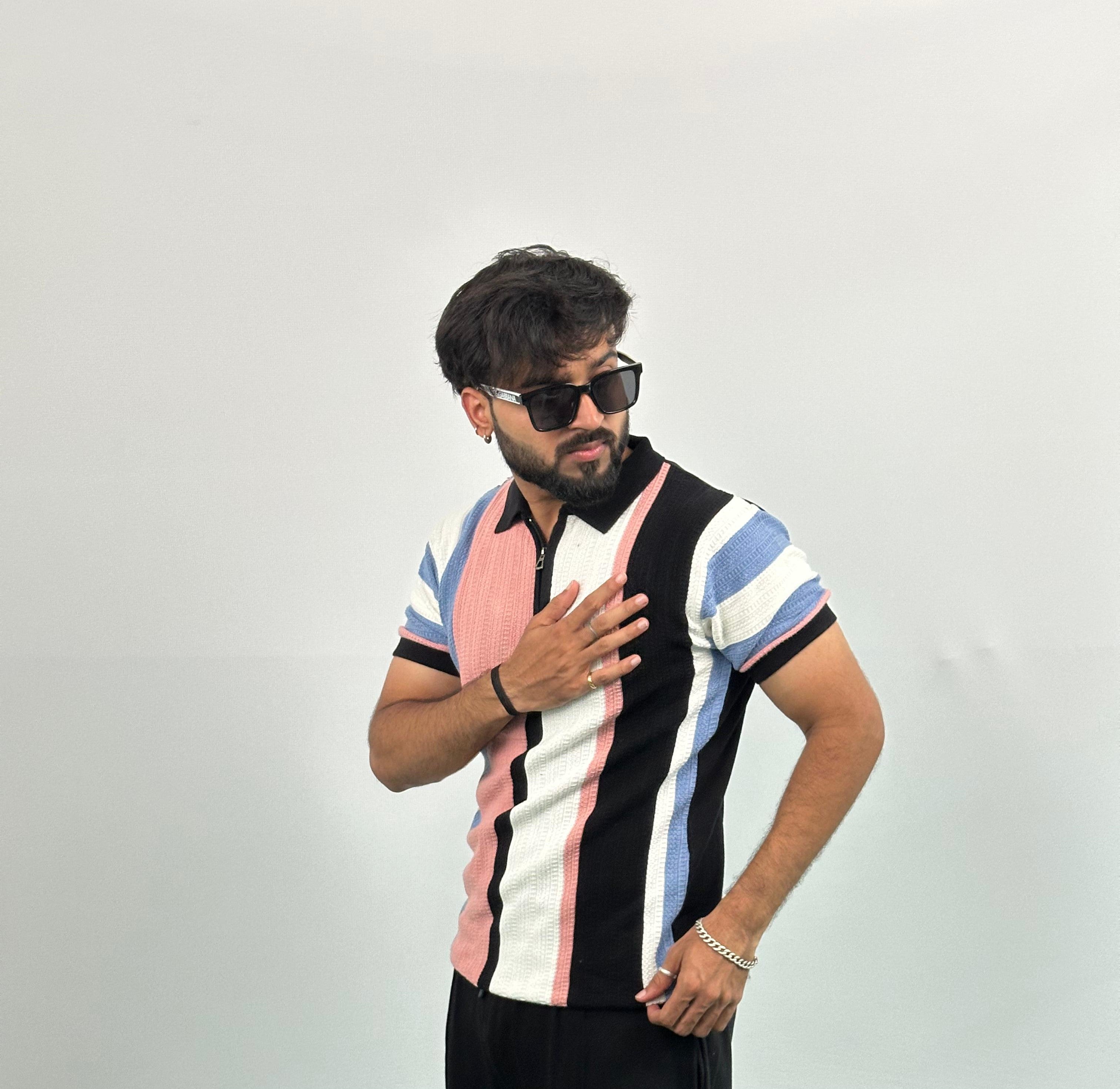 Black And White Stripe Knitted Polo T-Shirt