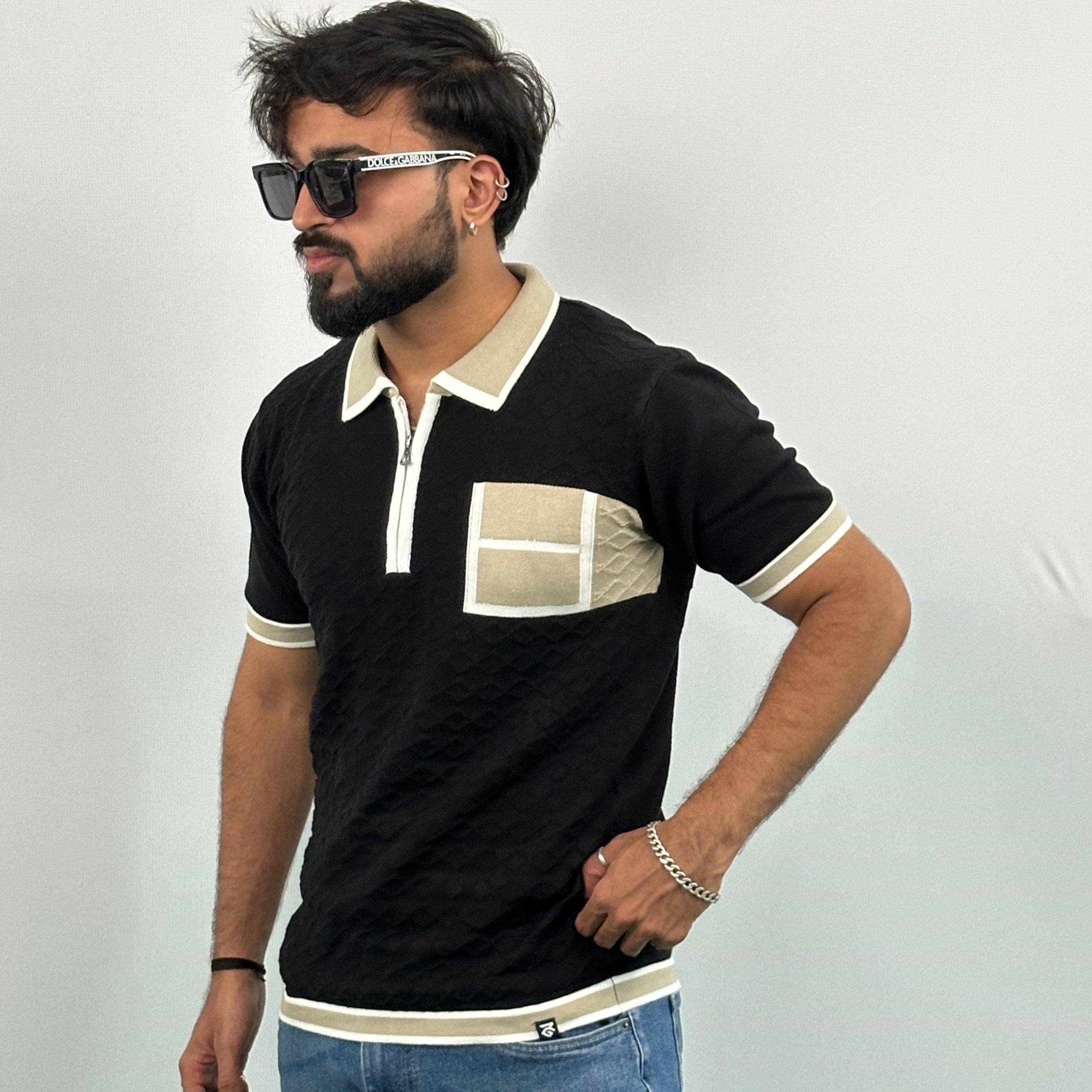 Black And Beige Knitted Polo T-Shirt