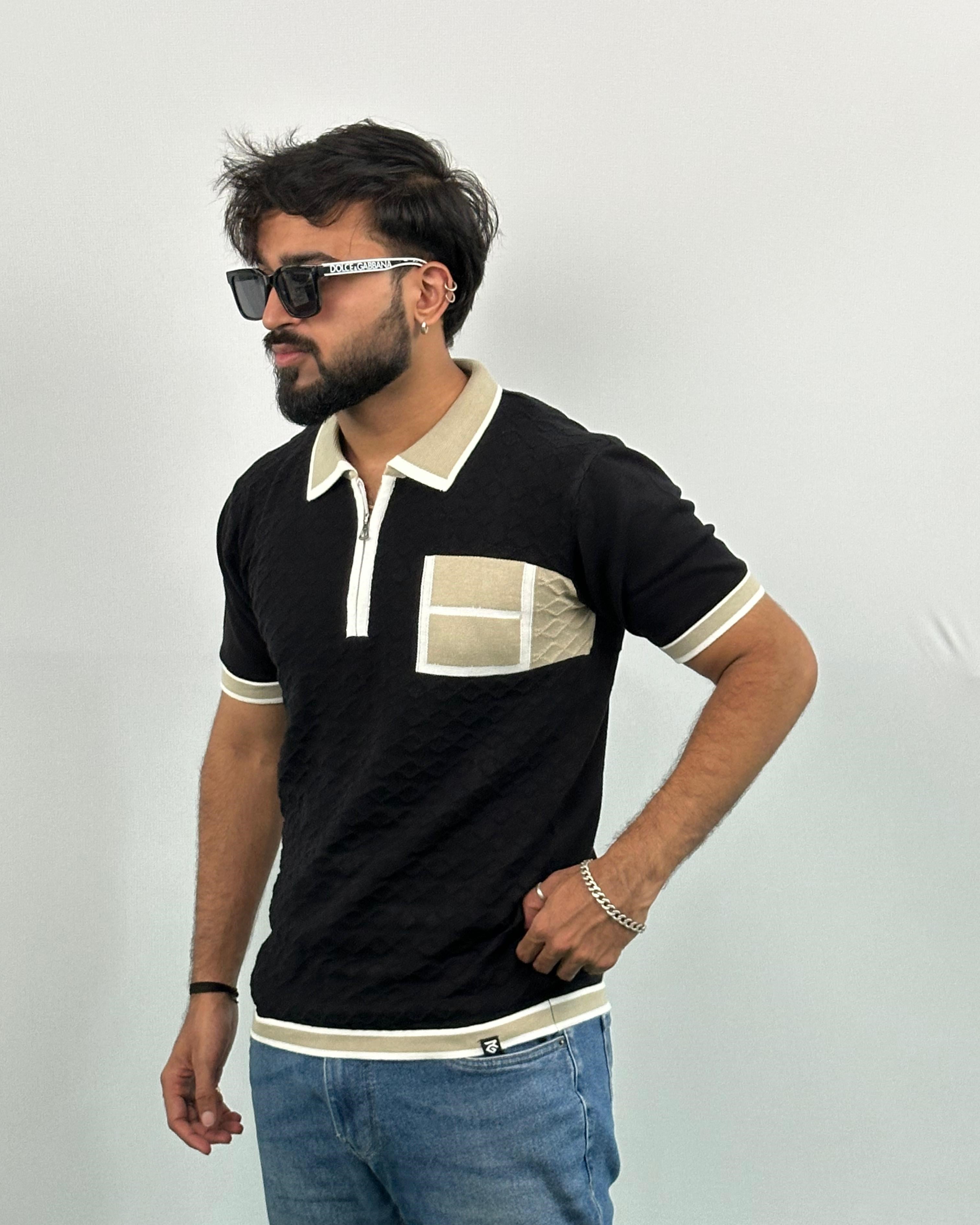 Black And Beige Knitted Polo T-Shirt