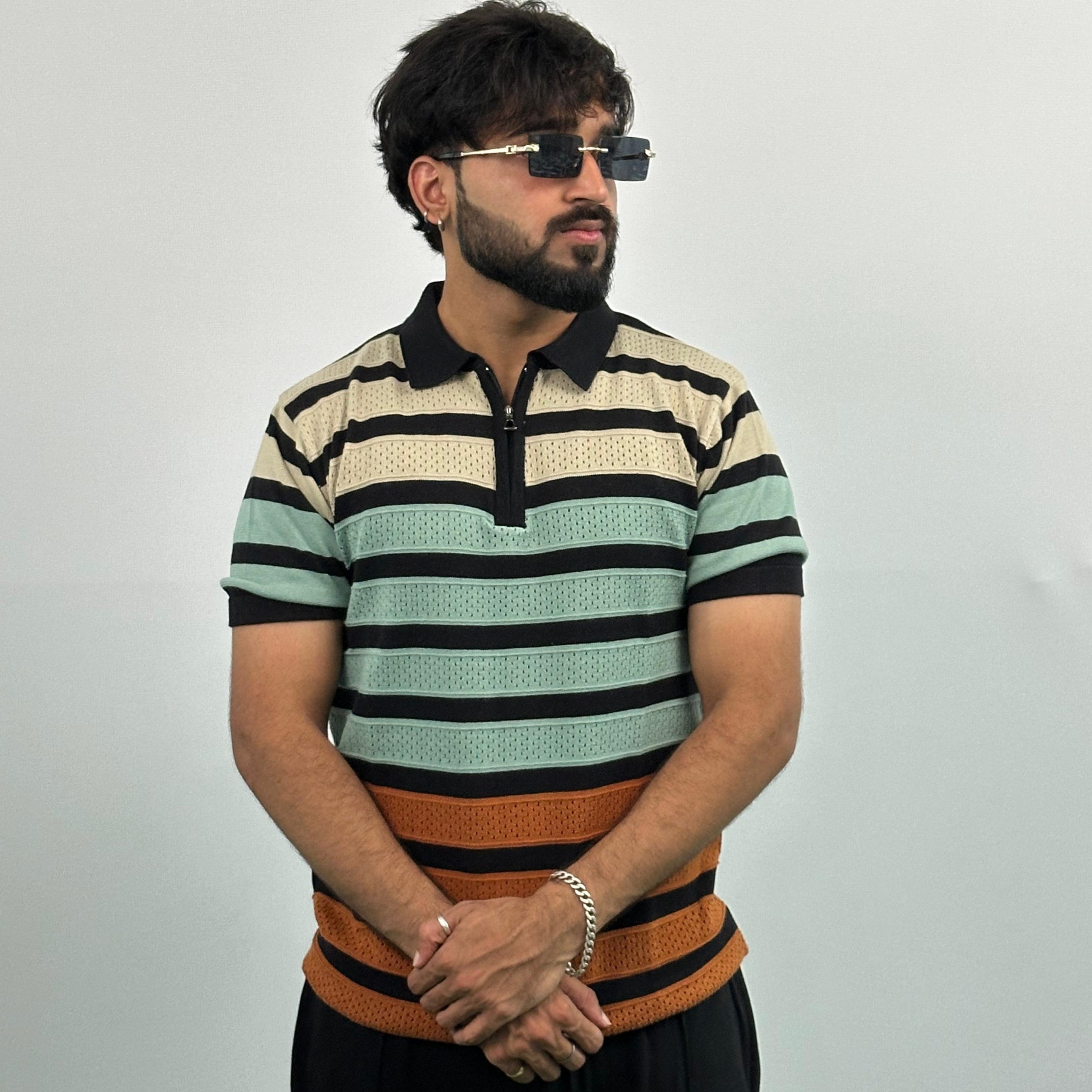 Black And Beige Stripe Knitted Polo T-Shirt