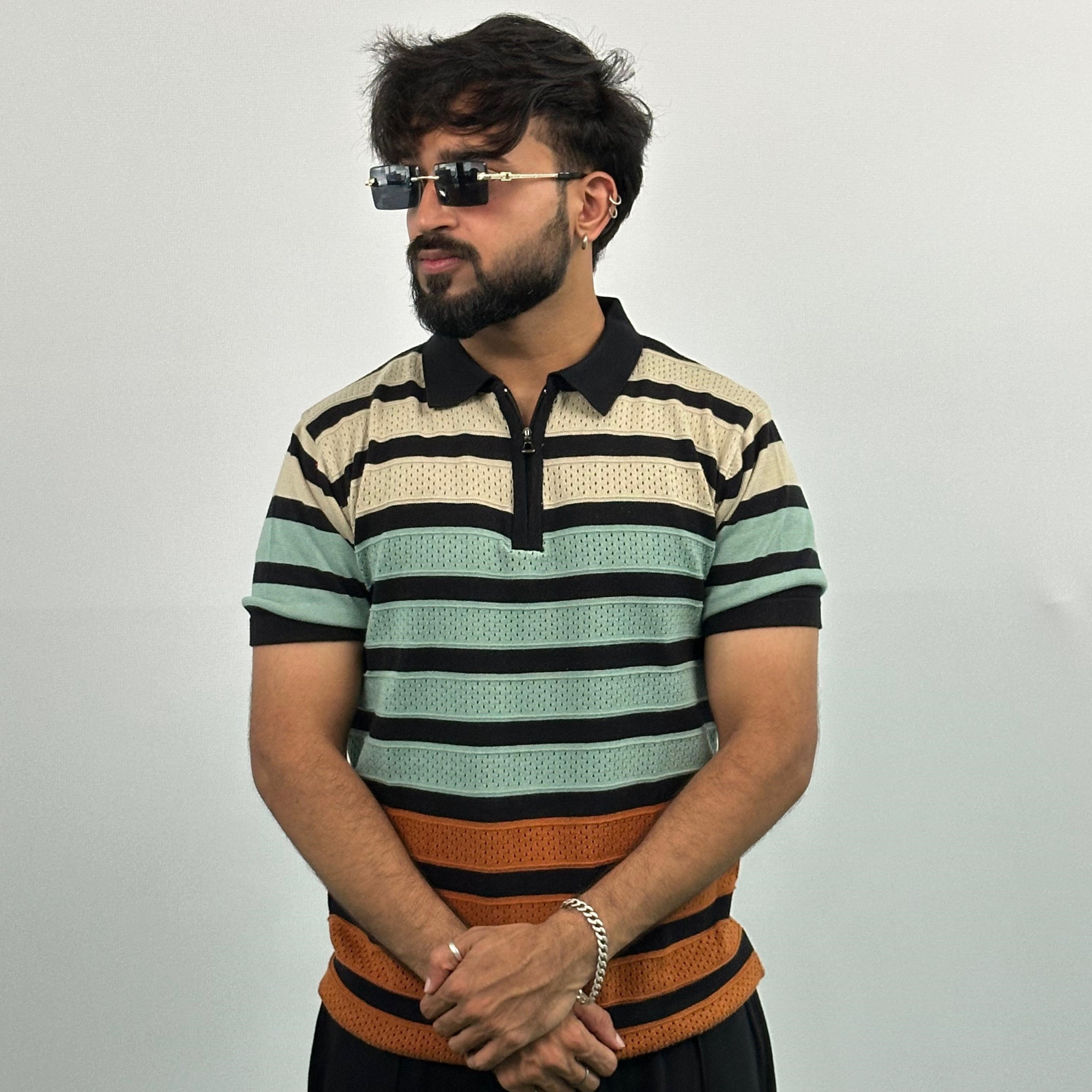 Black And Beige Stripe Knitted Polo T-Shirt