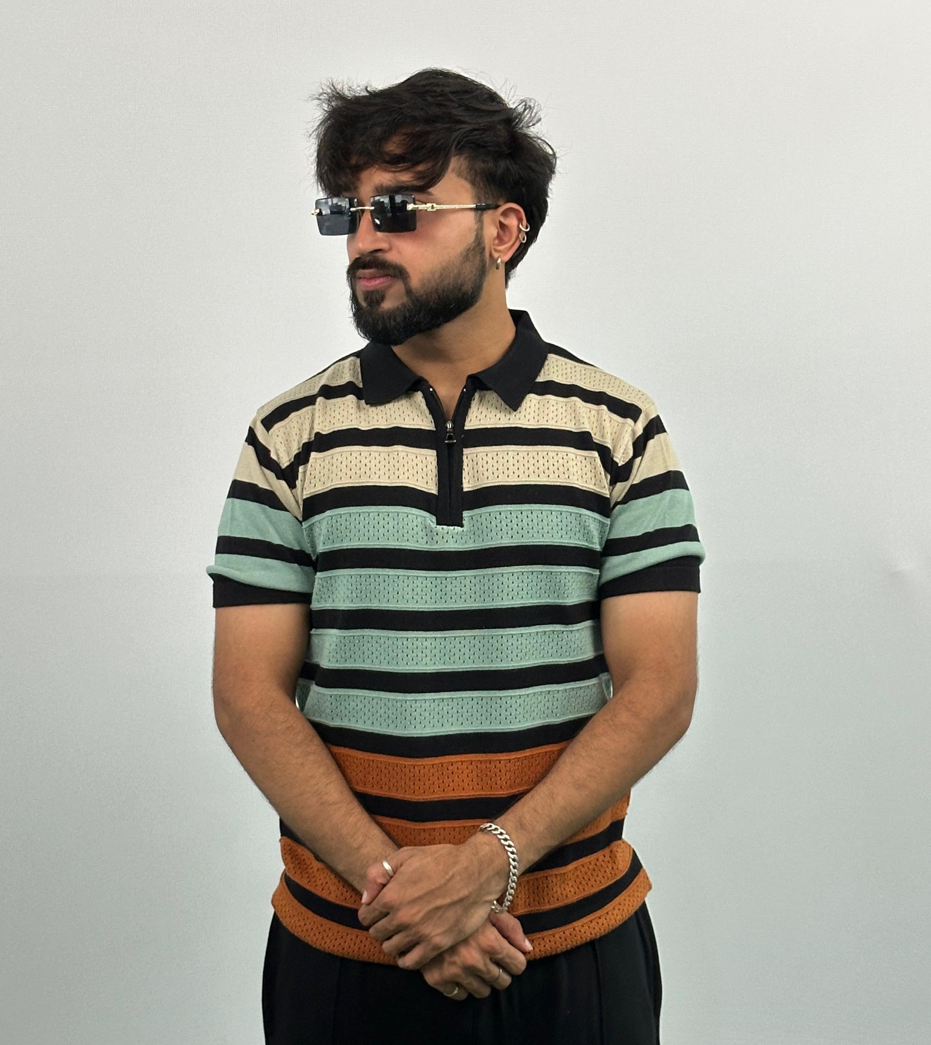 Black And Beige Stripe Knitted Polo T-Shirt