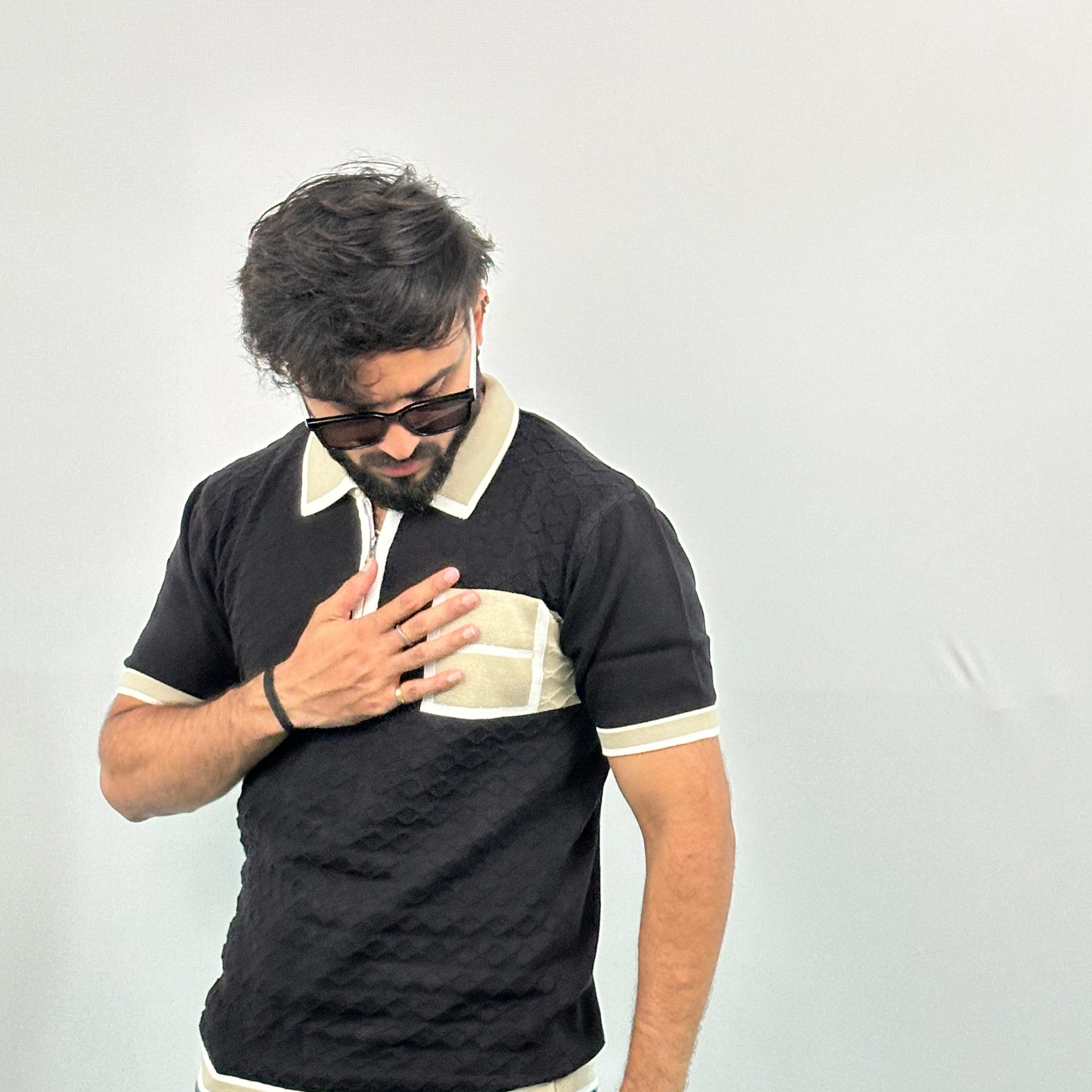 Black And Beige Knitted Polo T-Shirt