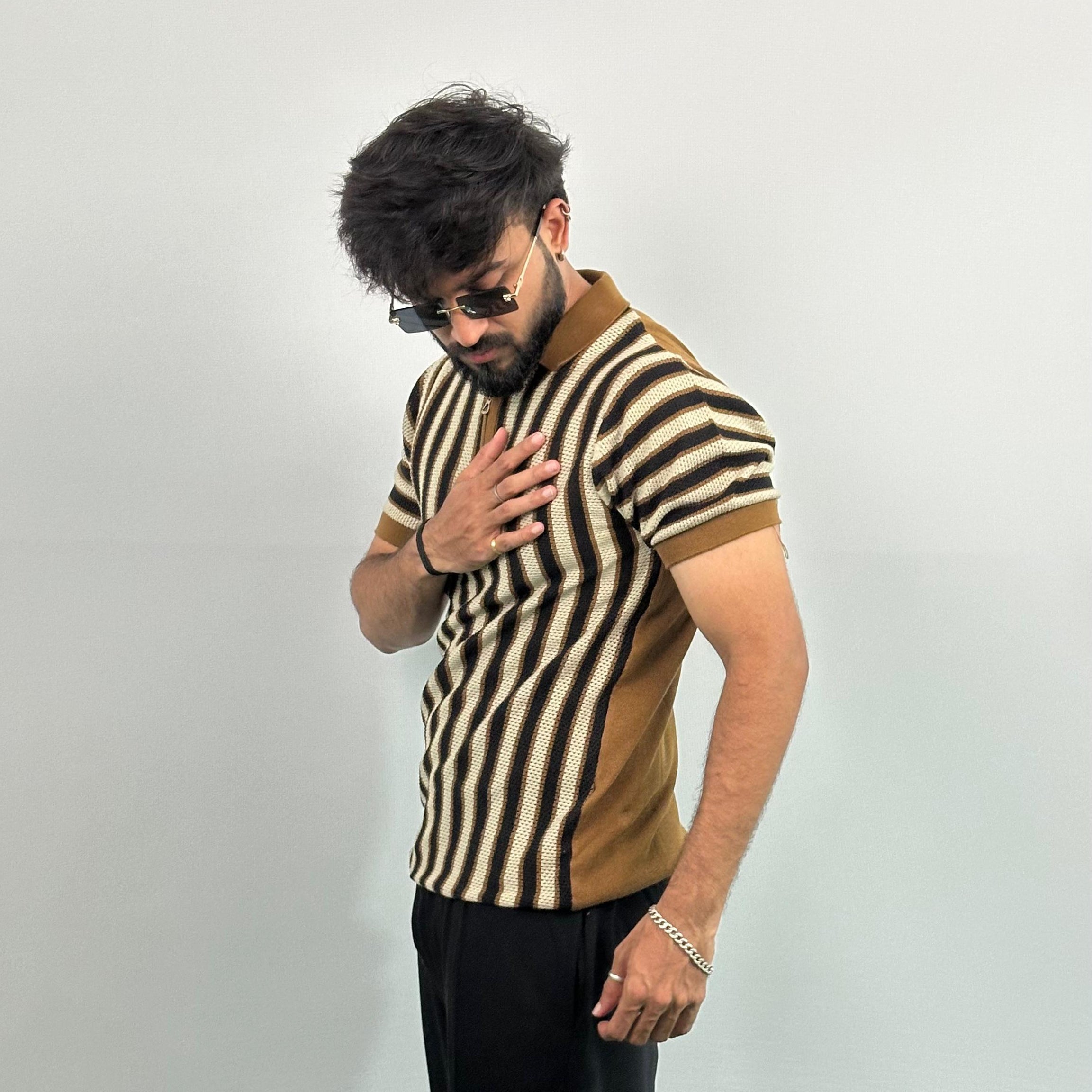 Brown And Black Stripe Knitted Polo T-Shirt