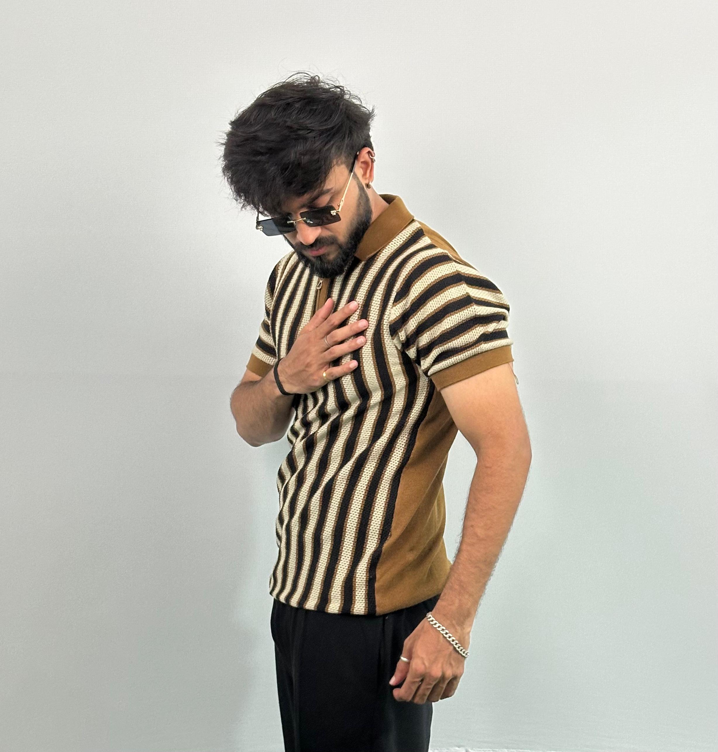 Brown And Black Stripe Knitted Polo T-Shirt