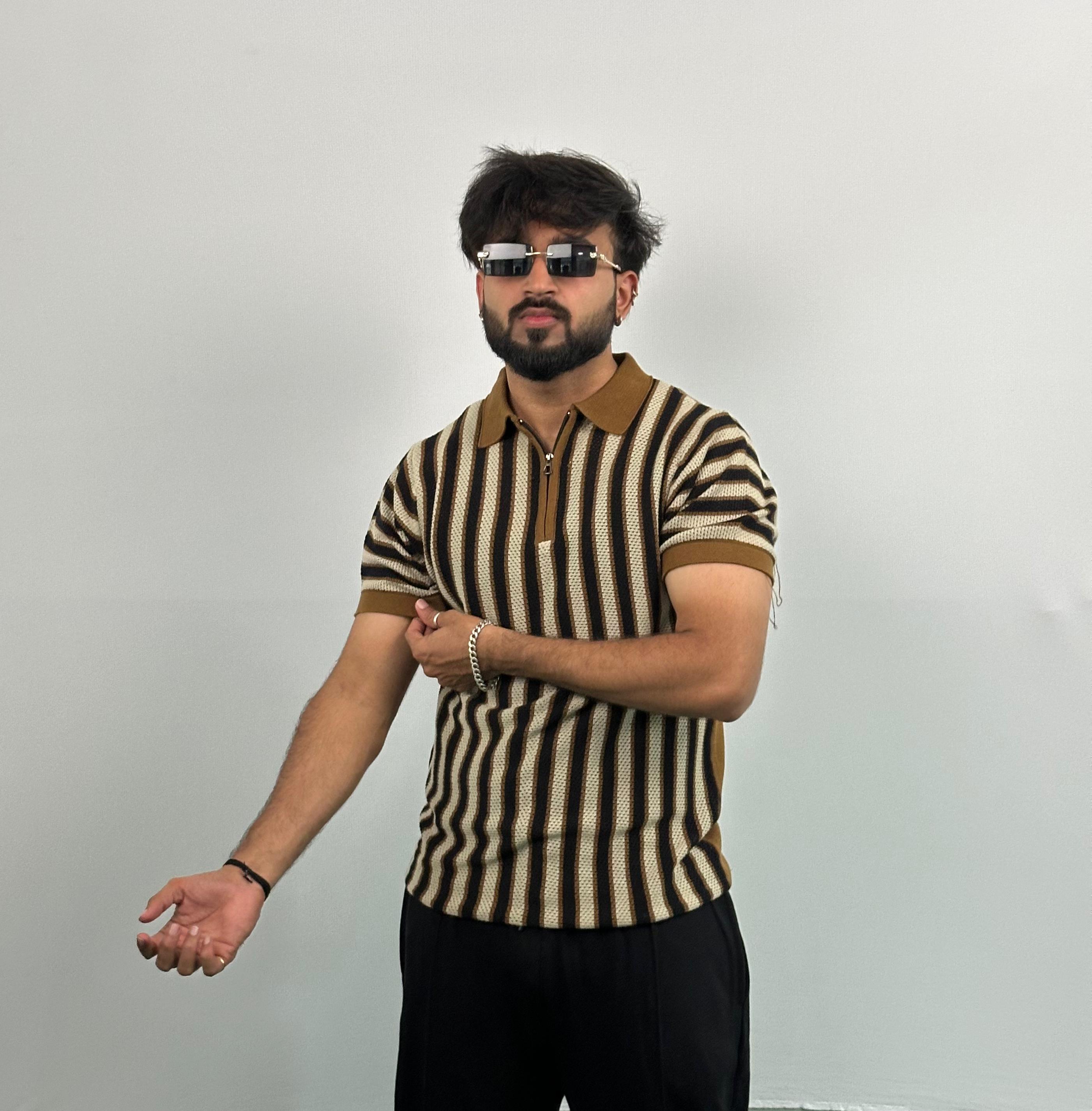 Brown And Black Stripe Knitted Polo T-Shirt