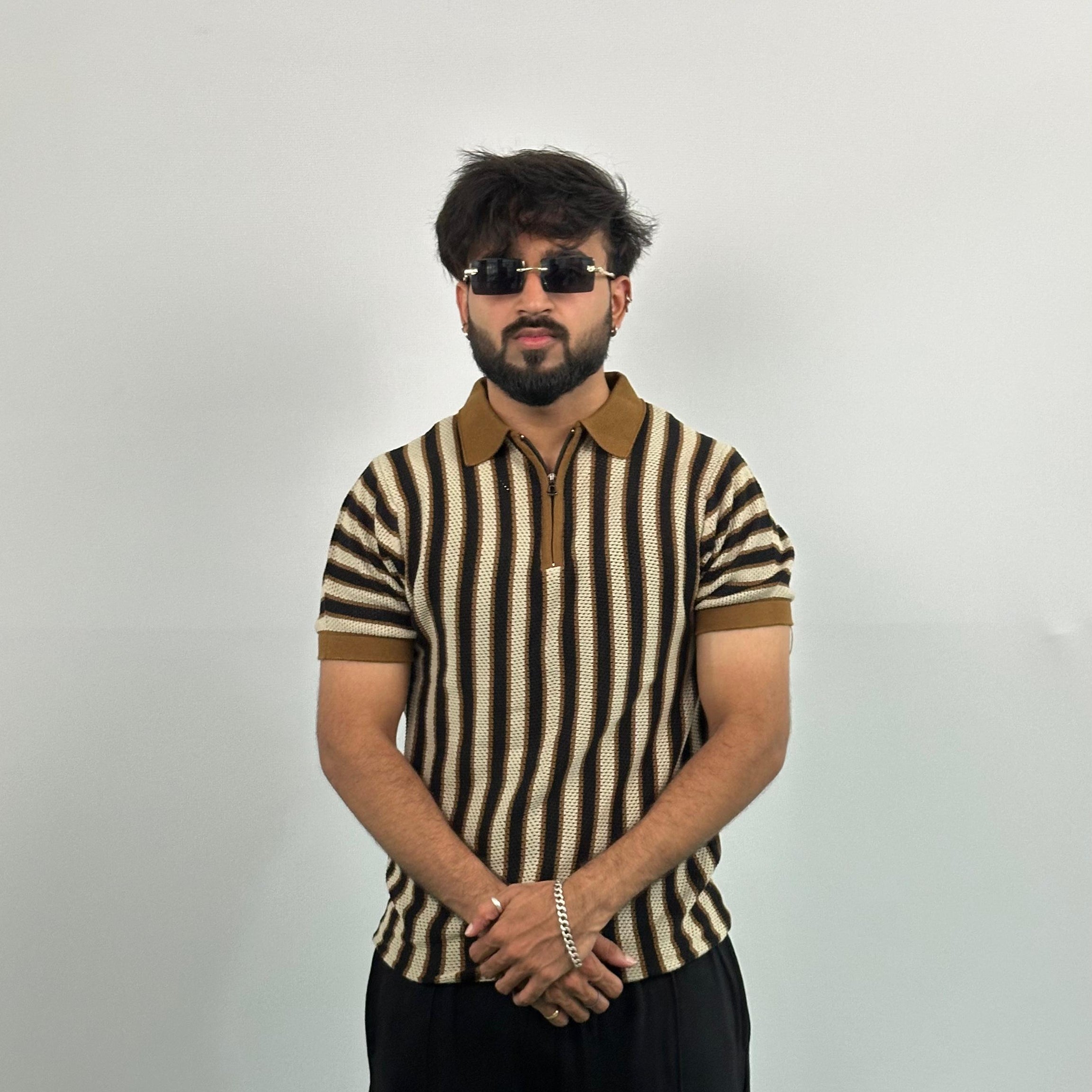 Brown And Black Stripe Knitted Polo T-Shirt