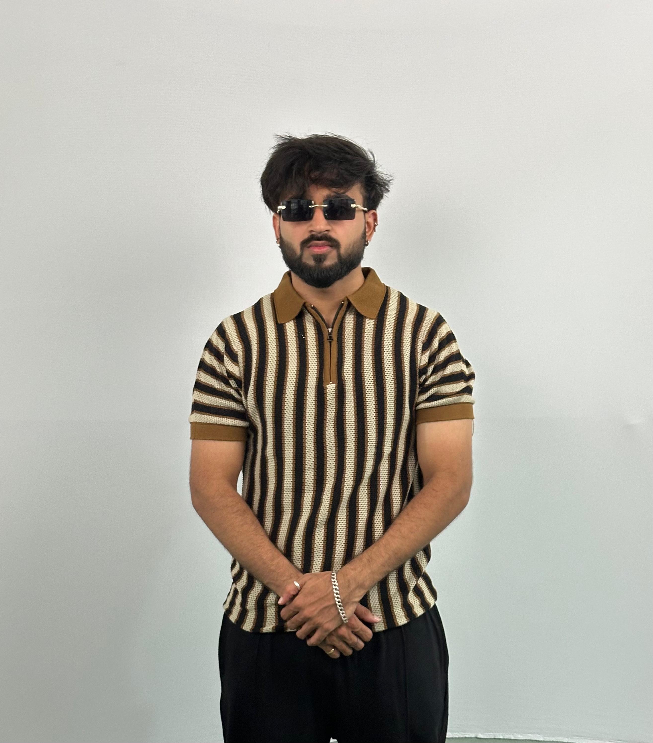 Brown And Black Stripe Knitted Polo T-Shirt