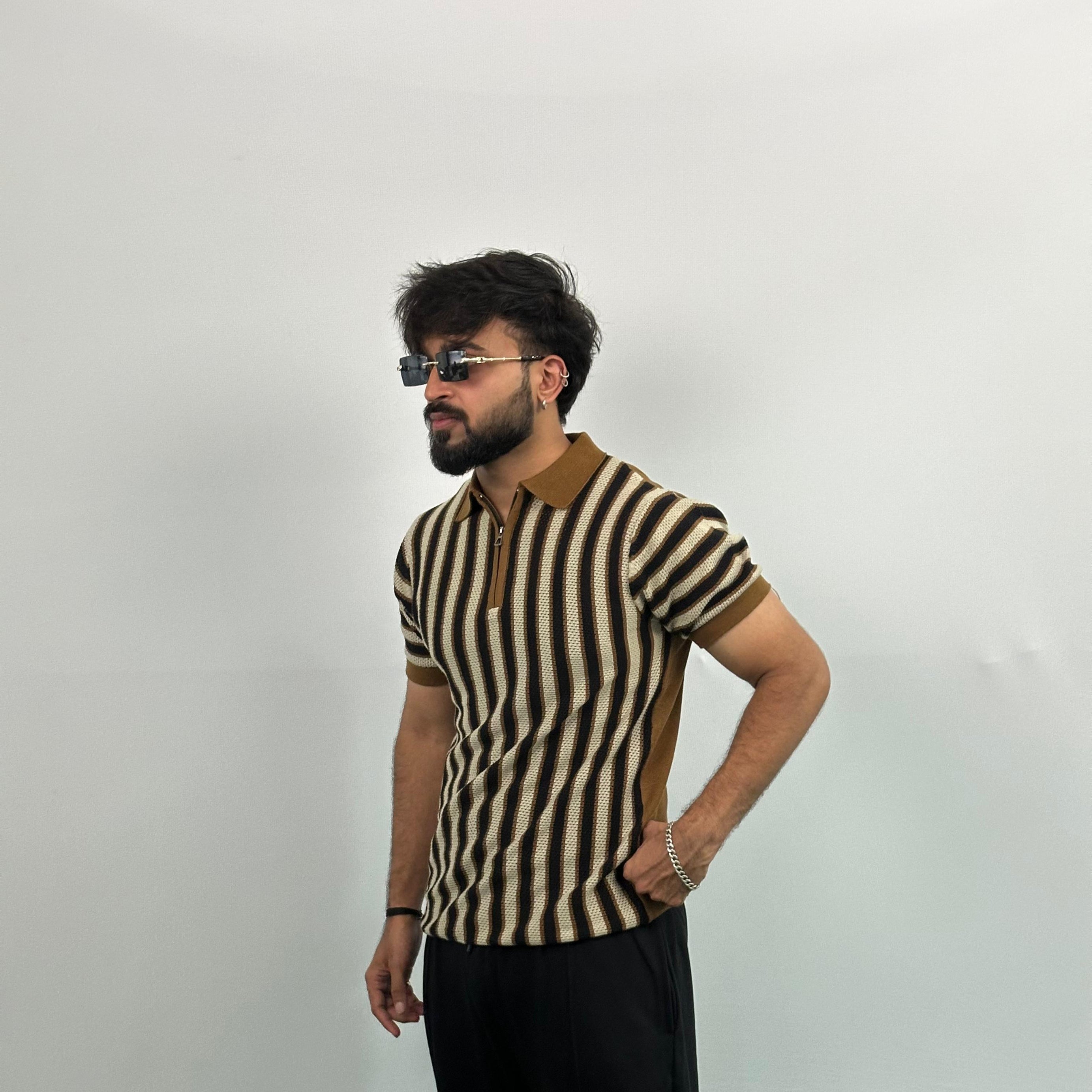 Brown And Black Stripe Knitted Polo T-Shirt