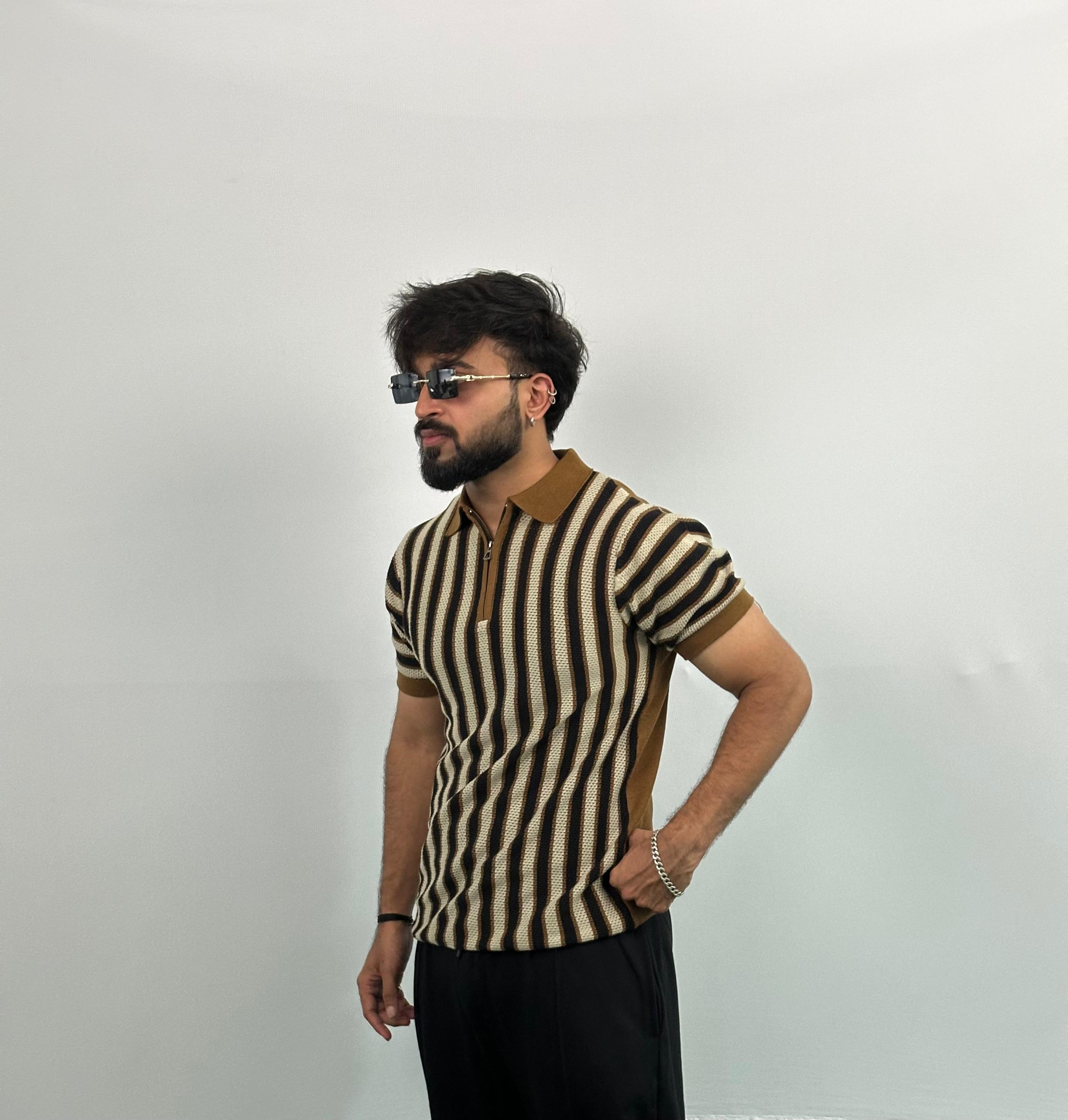 Brown And Black Stripe Knitted Polo T-Shirt