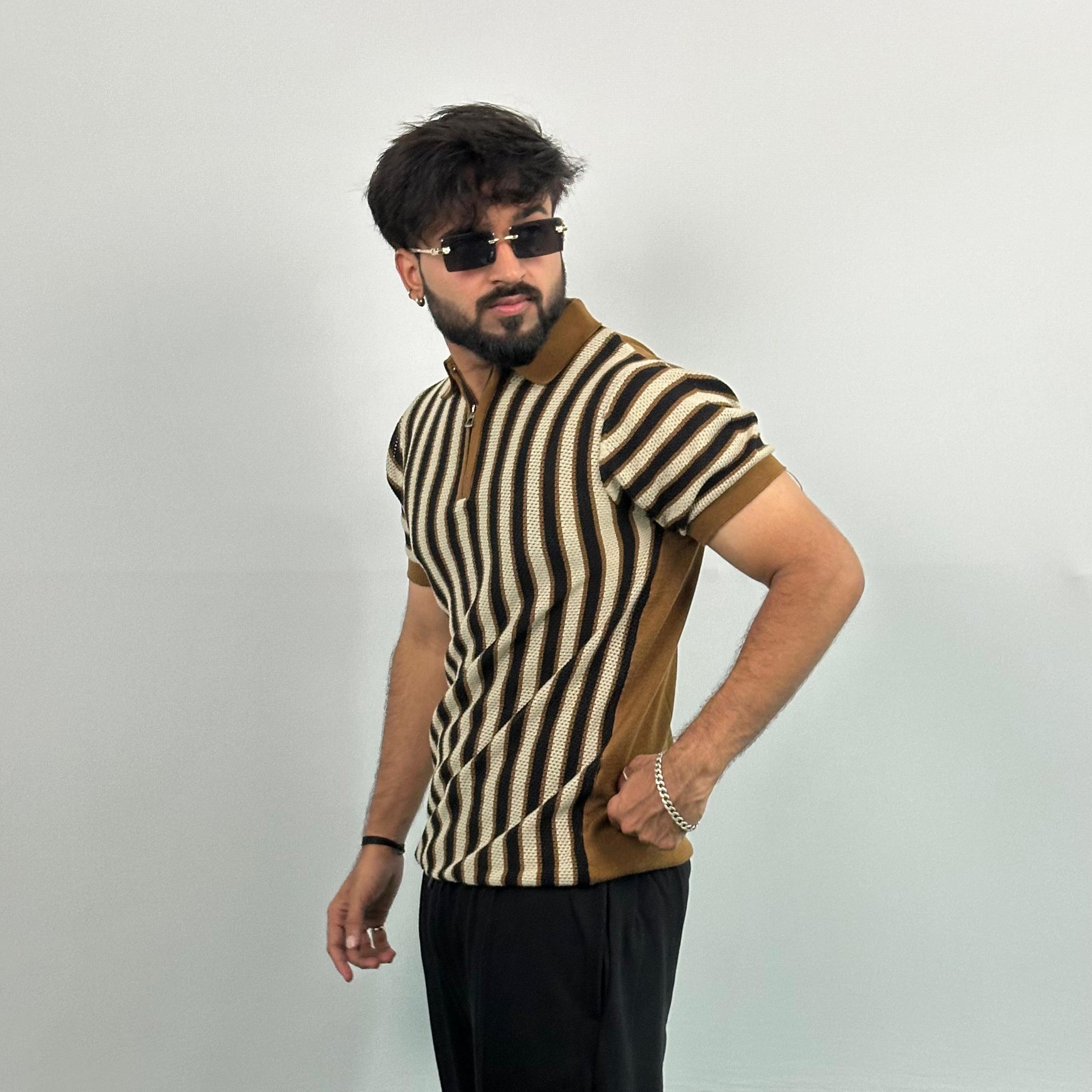 Brown And Black Stripe Knitted Polo T-Shirt